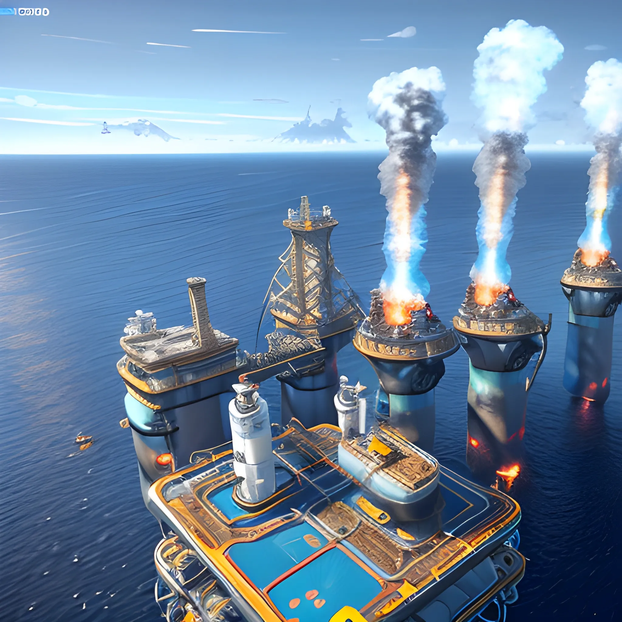 anno 2205 style, temperate, sunny, clear sky, top-down view, futuristic building offshore oil production platform, fire coming from the pipe made of metal black structures, complex, people, futuristic, beautiful, Realistic proportions, rim light




