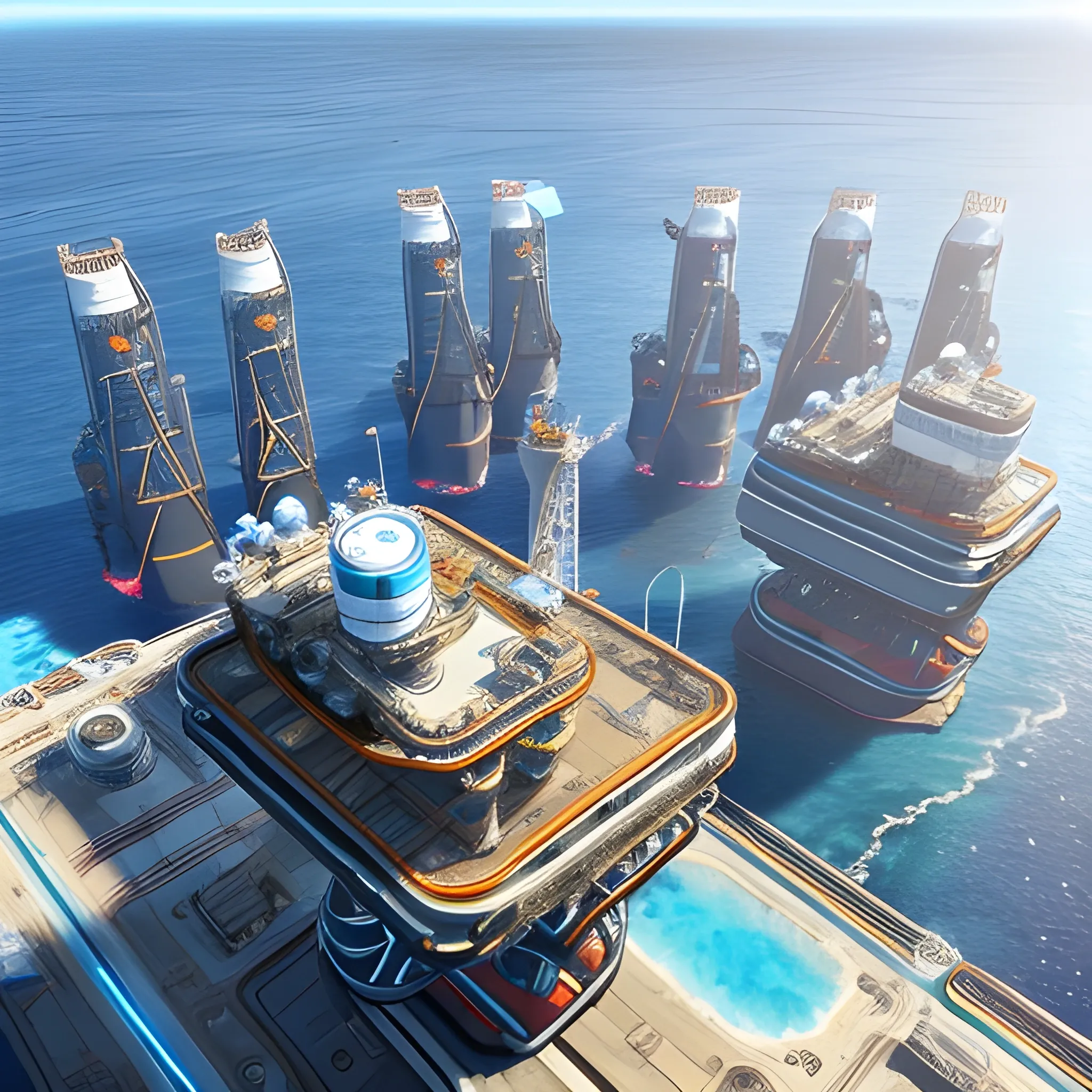 anno 2205 style, temperate, sunny, clear sky, top-down view, futuristic building offshore oil production platform, fire coming from the pipe made of metal black structures, complex, people, futuristic, beautiful, Realistic proportions, rim light




