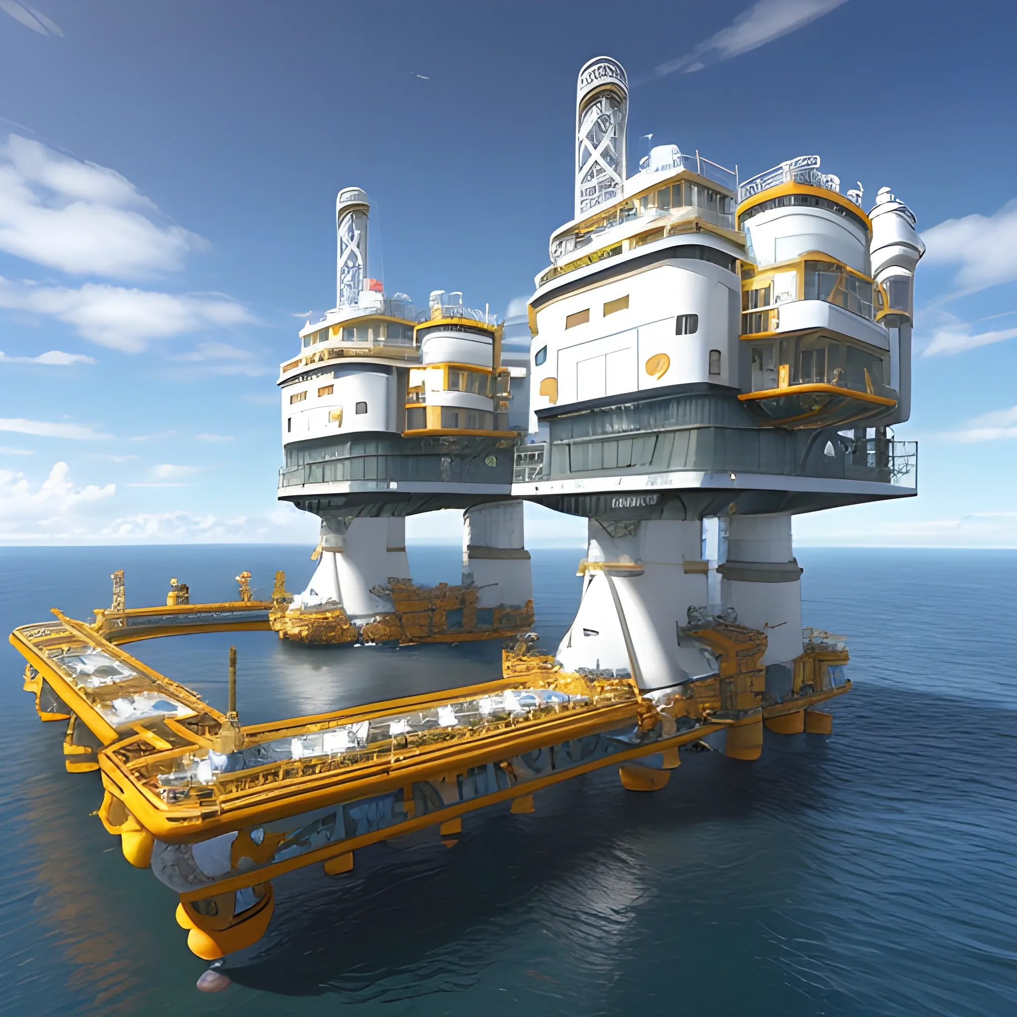 anno 2205 style, temperate, sunny, clear sky, top-down view, futuristic, beautiful, Realistic proportions, rim light

futuristic building offshore oil production platform on water in ocean, made of metal black structures, people

offshore oil production platform, from orange structures, yellow metal boxes, oil leaks on machines, turbines connected to a pipeline leading to other turbines, the color of the pipeline is white or silver, platform floor, dark green colors, a lot of dark metal



