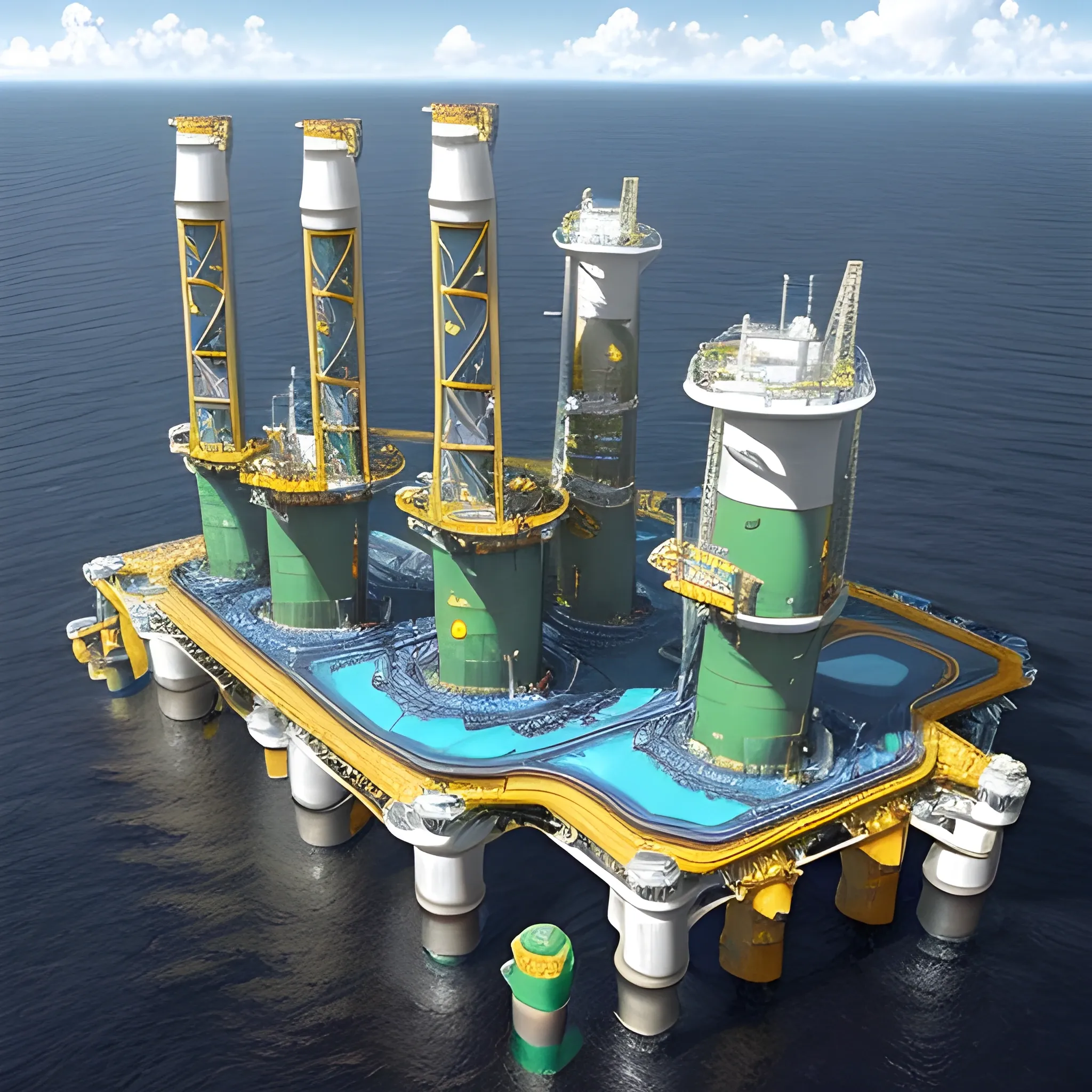 anno 2205 style, temperate, sunny, clear sky, top-down view, futuristic, beautiful, Realistic proportions, rim light

futuristic building offshore oil production platform on water in ocean, made of metal black structures, people

offshore oil production platform, from orange structures, yellow metal boxes, oil leaks on machines, turbines connected to a pipeline leading to other turbines, pipeline color white or silver, platform floor, dark green colors, a lot of dark metal, good contrast, rich colors



