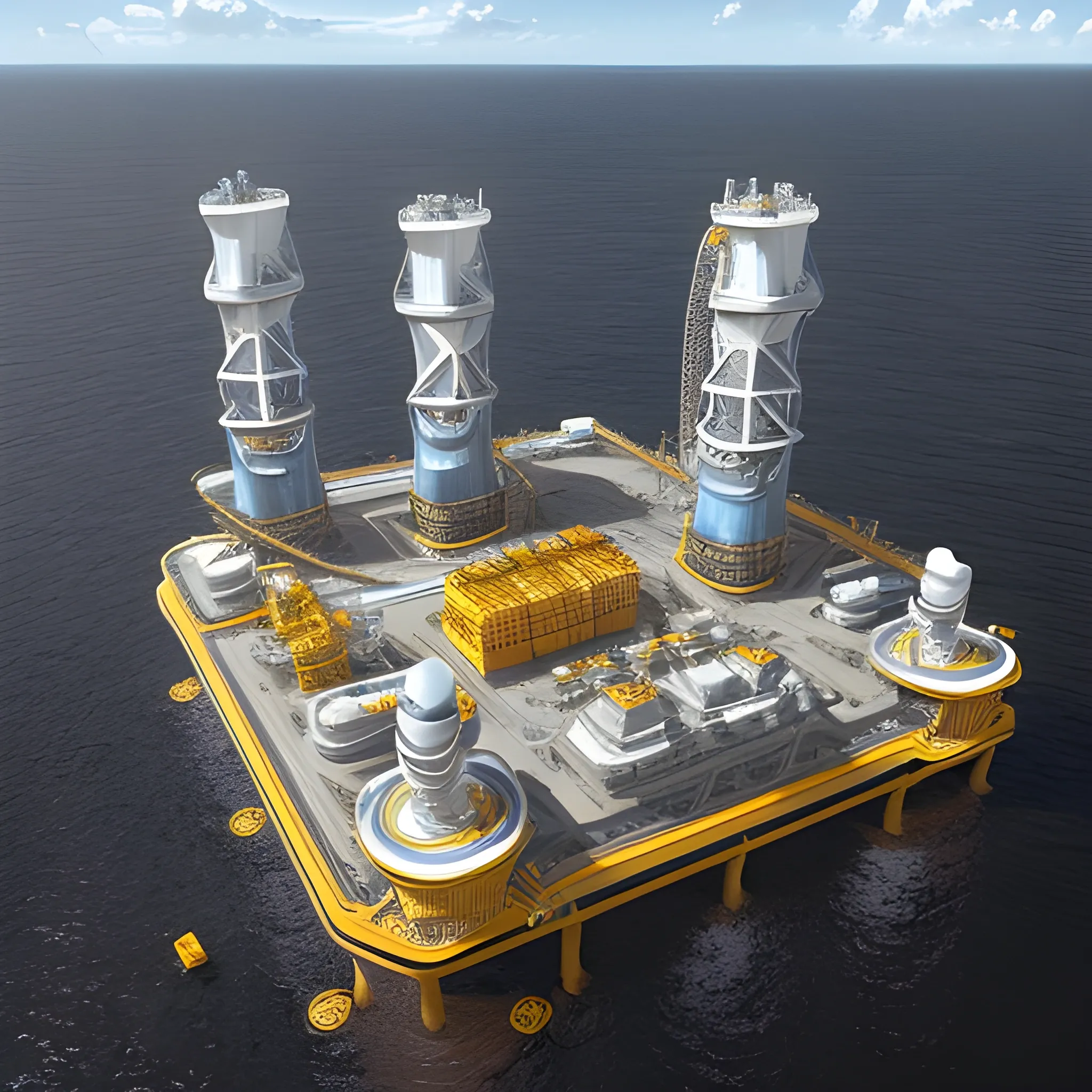 anno 2205 style, temperate, sunny, clear sky, top-down view, futuristic, beautiful, Realistic proportions, rim light

futuristic building offshore oil production platform on water in ocean, made of metal black structures, people

offshore oil production platform, from orange structures, yellow metal boxes, oil leaks on machines, turbines connected to a pipeline leading to other turbines, pipeline color white or silver, platform floor, a lot of dark metal, good contrast, rich colors



