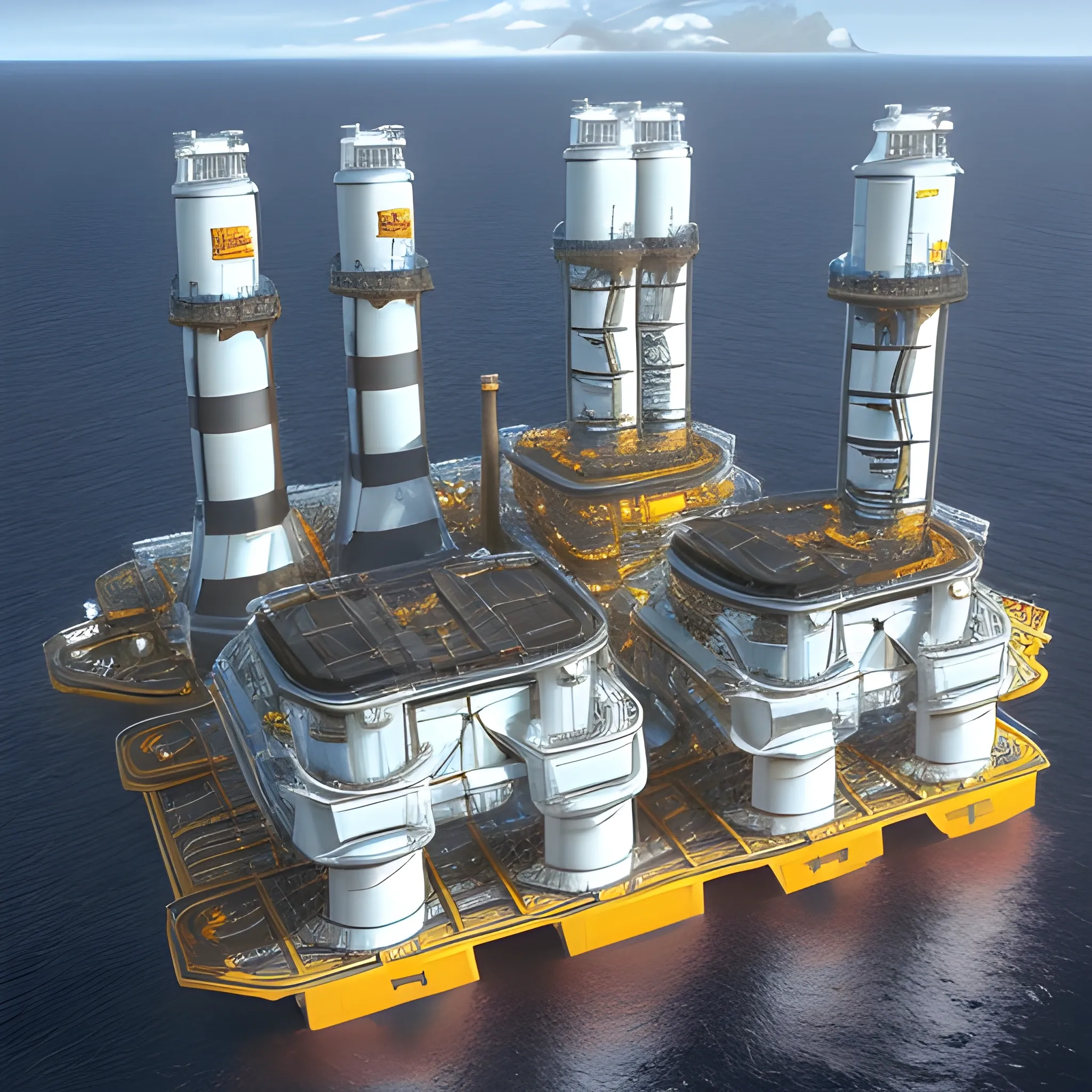 anno 2205 style, temperate, sunny, clear sky, top-down view, futuristic, beautiful, Realistic proportions, rim light

futuristic building offshore oil production platform on water in ocean, made of metal black structures, people

offshore oil production platform, from orange structures, yellow metal boxes, oil leaks on machines, turbines connected to a pipeline leading to other turbines, pipeline color white or silver, platform floor, a lot of dark metal, good contrast, rich colors



