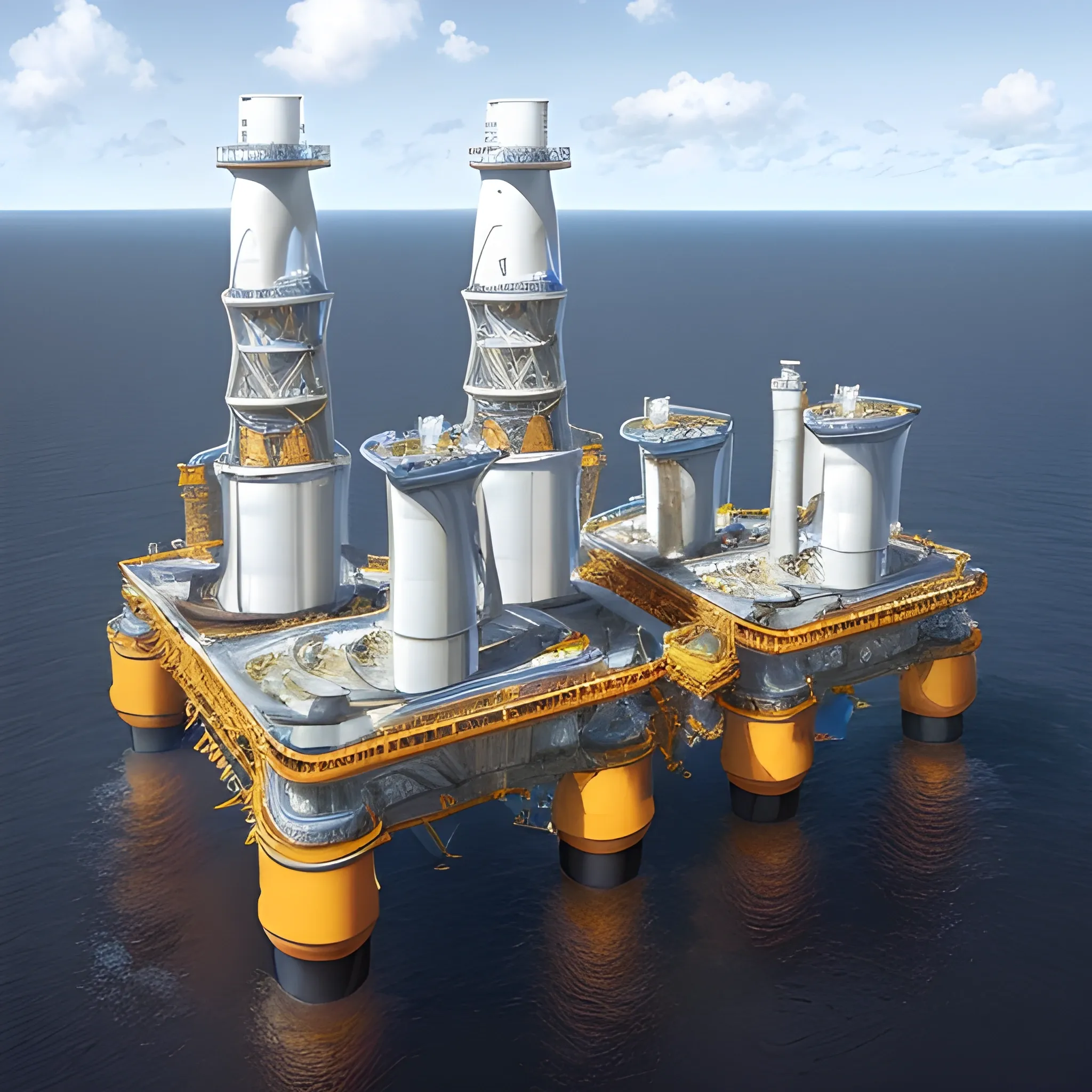 anno 2205 style, temperate, sunny, clear sky, top-down view, futuristic, beautiful, Realistic proportions, rim light

futuristic building offshore oil production platform on water in ocean, made of metal black structures, people

offshore oil production platform, from orange structures, yellow metal boxes, oil leaks on machines, turbines connected to a pipeline leading to other turbines, pipeline color white or silver, platform floor, 415A5A colors, a lot of dark metal, good contrast, rich colors



