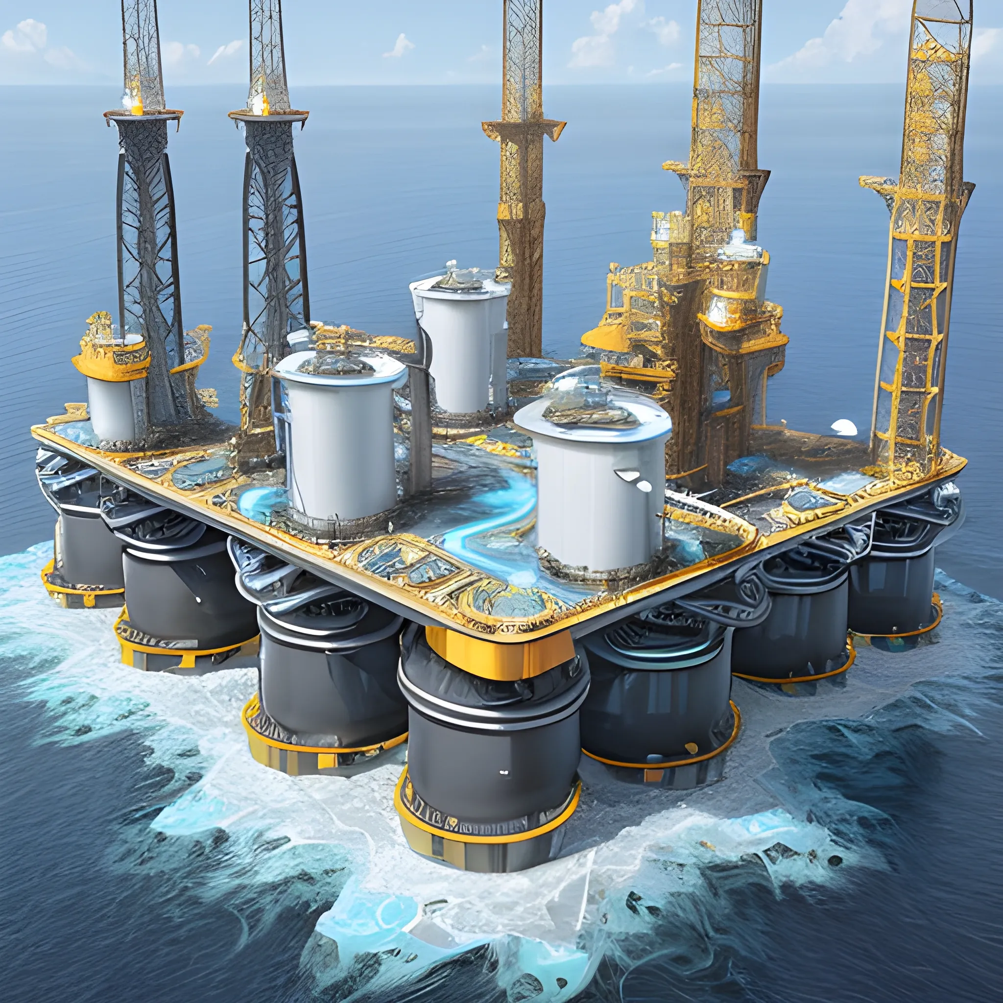 anno 2205 style, temperate, sunny, clear sky, top-down view, futuristic, beautiful, Realistic proportions, rim light

futuristic building offshore oil production platform on water in ocean, made of metal black structures, people

offshore oil production platform, from orange structures, yellow metal boxes, oil leaks on machines, turbines connected to a pipeline leading to other turbines, pipeline color white or silver, platform floor, Orkhide Shade colors, a lot of dark metal, good contrast, rich colors



