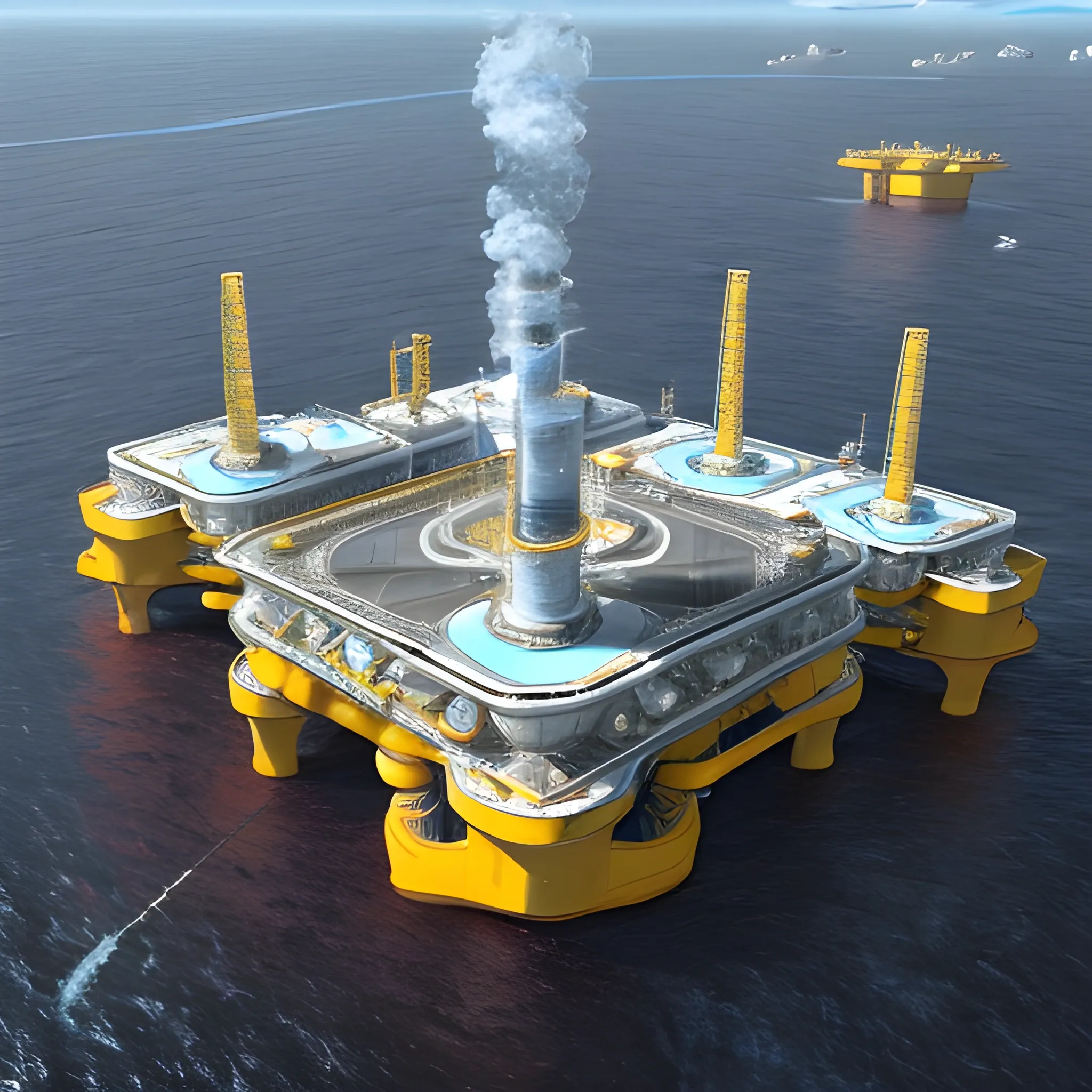 anno 2205 style, temperate, sunny, clear sky, top-down view, futuristic, beautiful, Realistic proportions, rim light

futuristic building offshore oil production platform on water in ocean, made of metal black structures, people

offshore oil production platform, from orange structures, yellow metal boxes, oil leaks on machines, turbines connected to a pipeline leading to other turbines, pipeline color white or silver, platform floor, Orkhide Shade colors, a lot of dark metal, good contrast, rich colors



