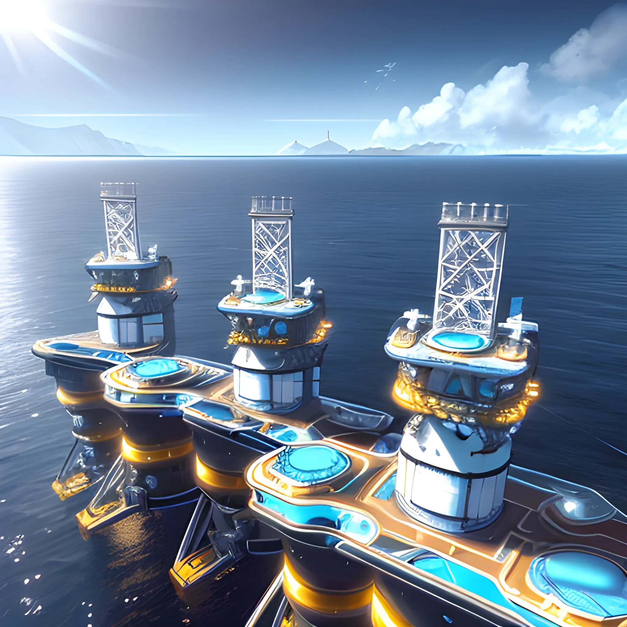 anno 2205 style, temperate, sunny, clear sky, top-down view, futuristic, beautiful, Realistic proportions, rim light

futuristic building offshore oil production platform on water in ocean, made of metal black structures, people







