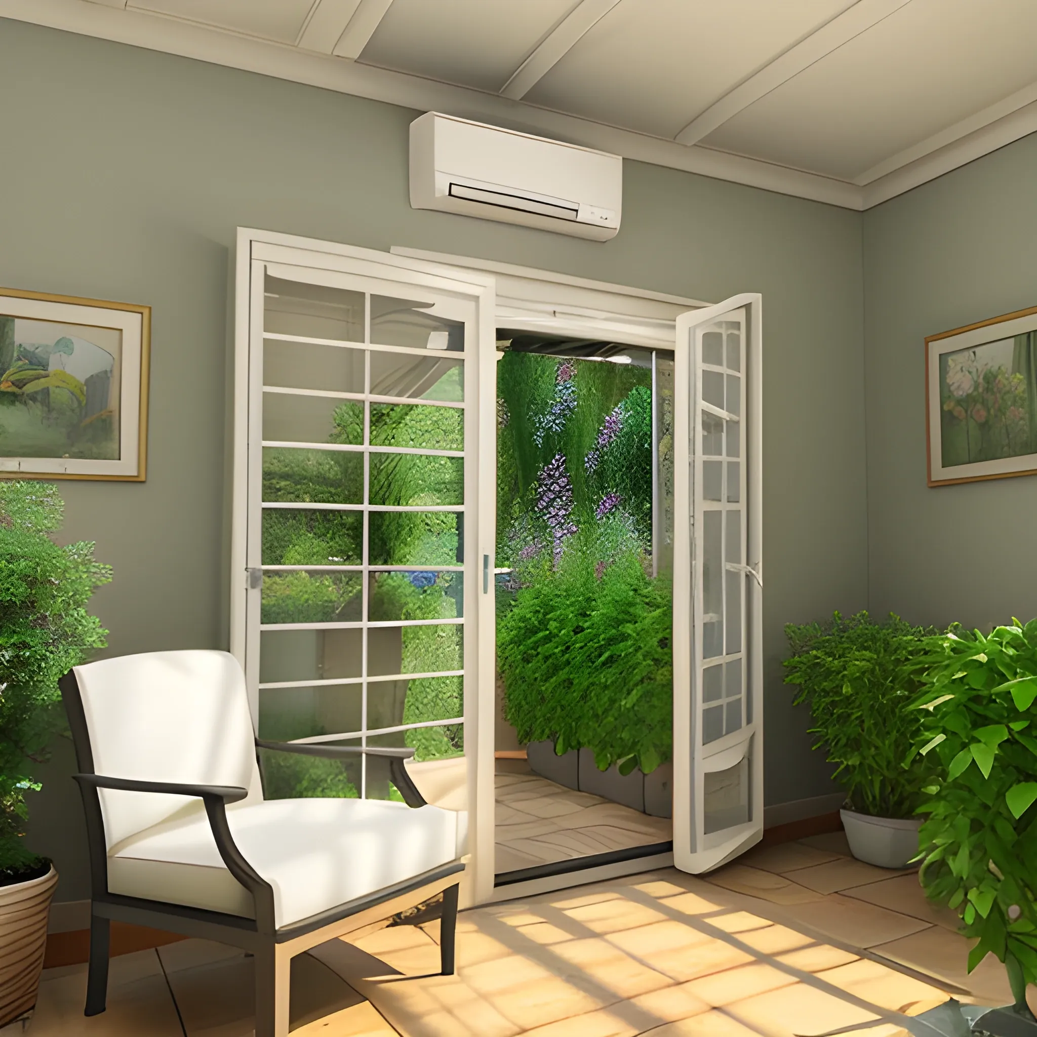garden room interior, air conditioning unit on wall, garden view, 3D
