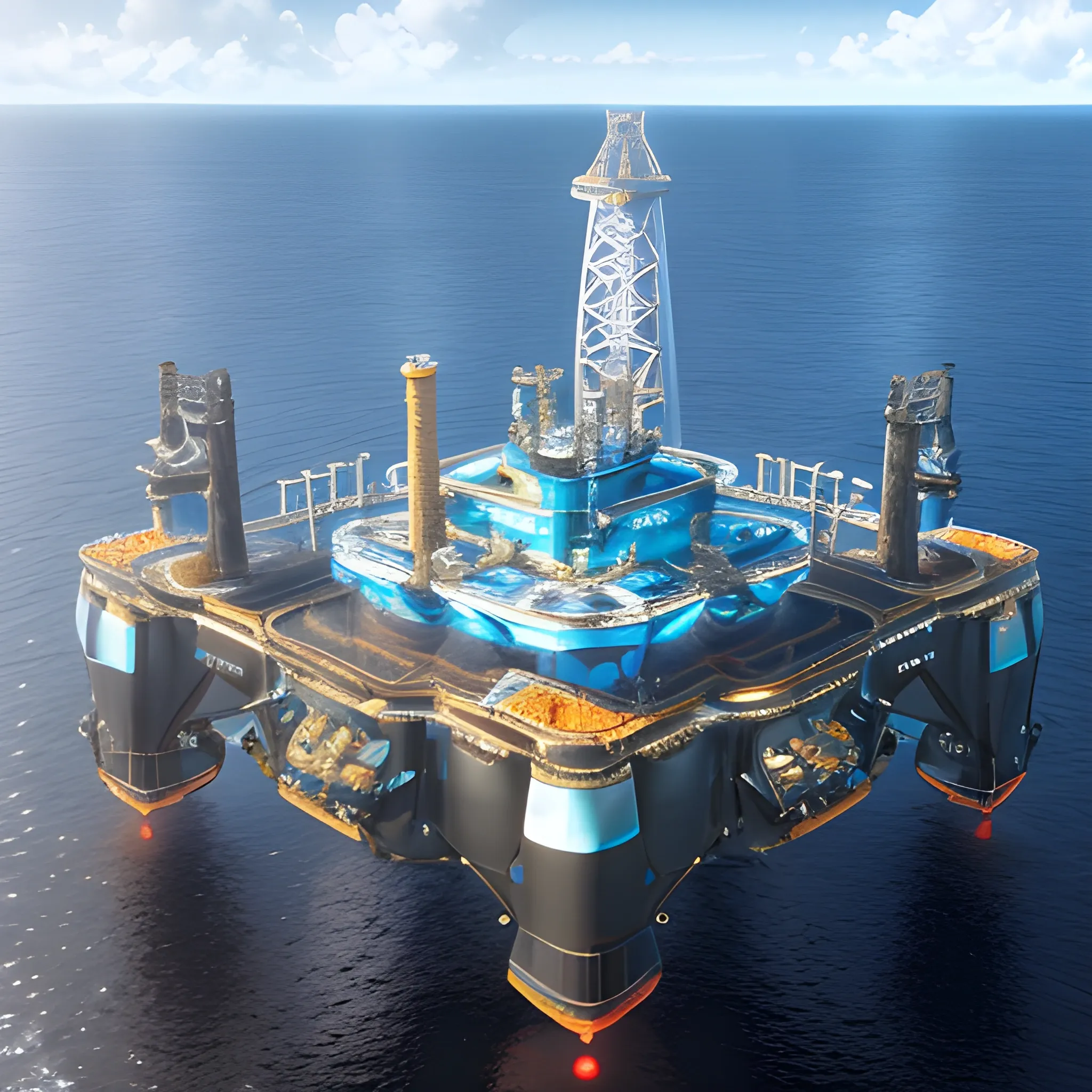 anno 2205 style, temperate, sunny, clear sky, top-down view, futuristic, beautiful, Realistic proportions, rim light

futuristic building offshore oil production platform on water in ocean, made of metal black structures, people







