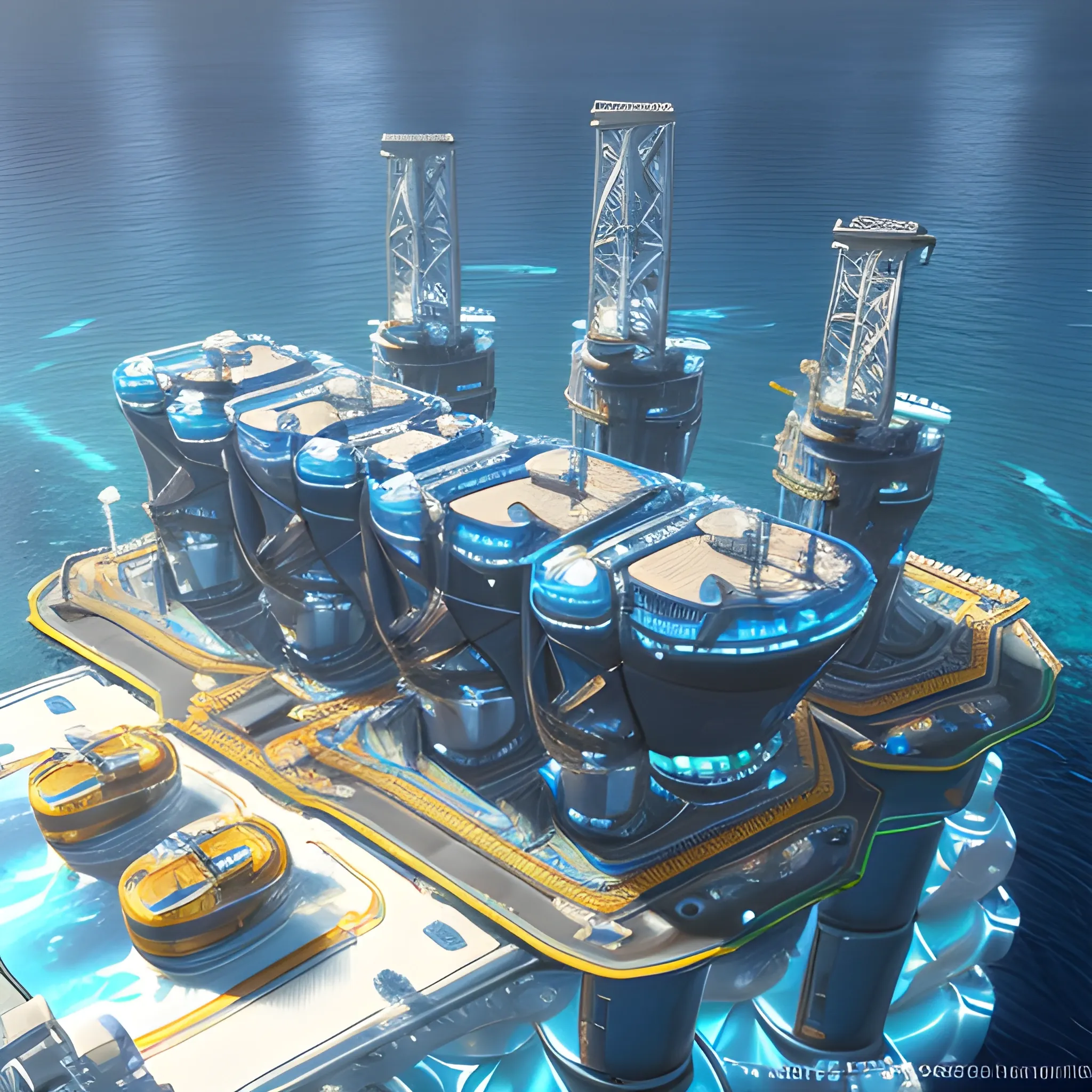 anno 2205 style, temperate, sunny, clear sky, top-down view, futuristic, beautiful, Realistic proportions, rim light

futuristic building offshore oil production platform on water in ocean, made of metal black structures, people







