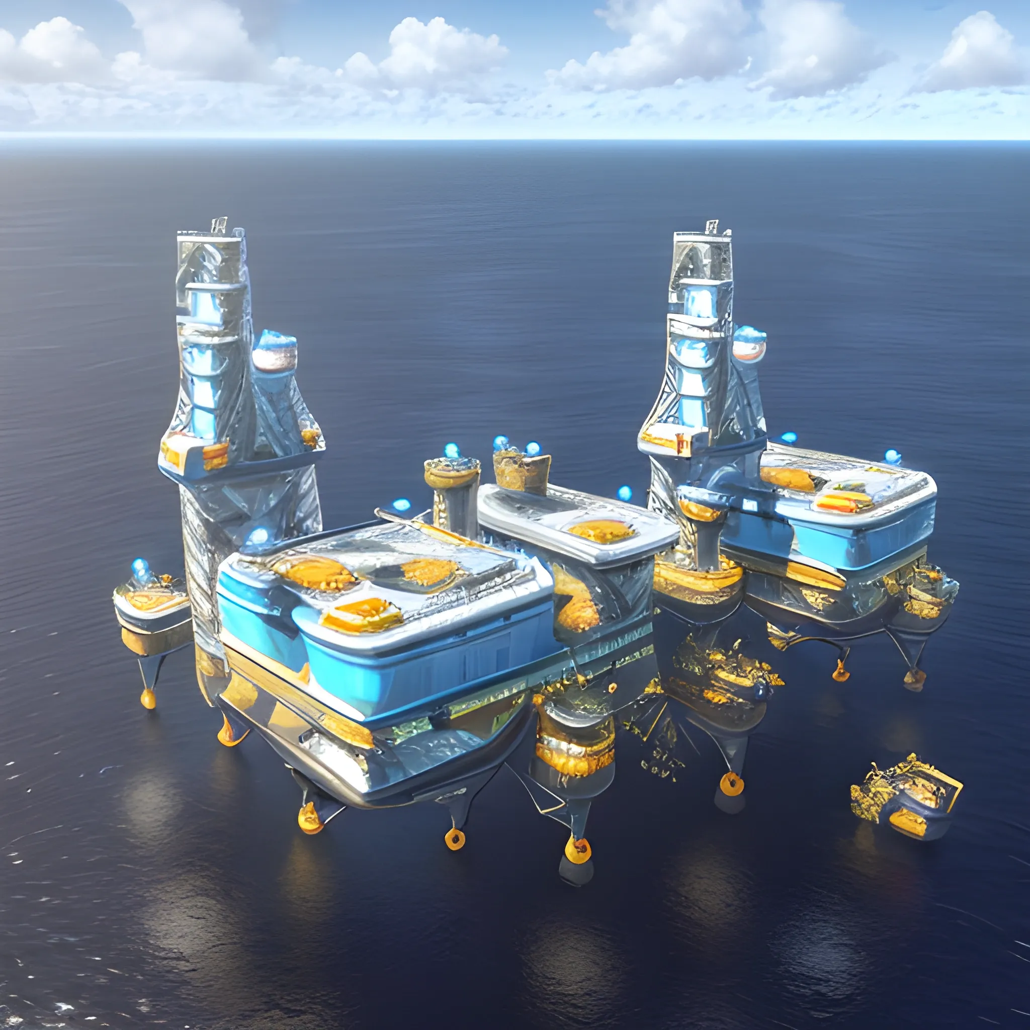 anno 2205 style, temperate, sunny, clear sky, top-down view, futuristic, beautiful, Realistic proportions, rim light

futuristic building offshore oil production platform on water in ocean, made of metal black structures, people







