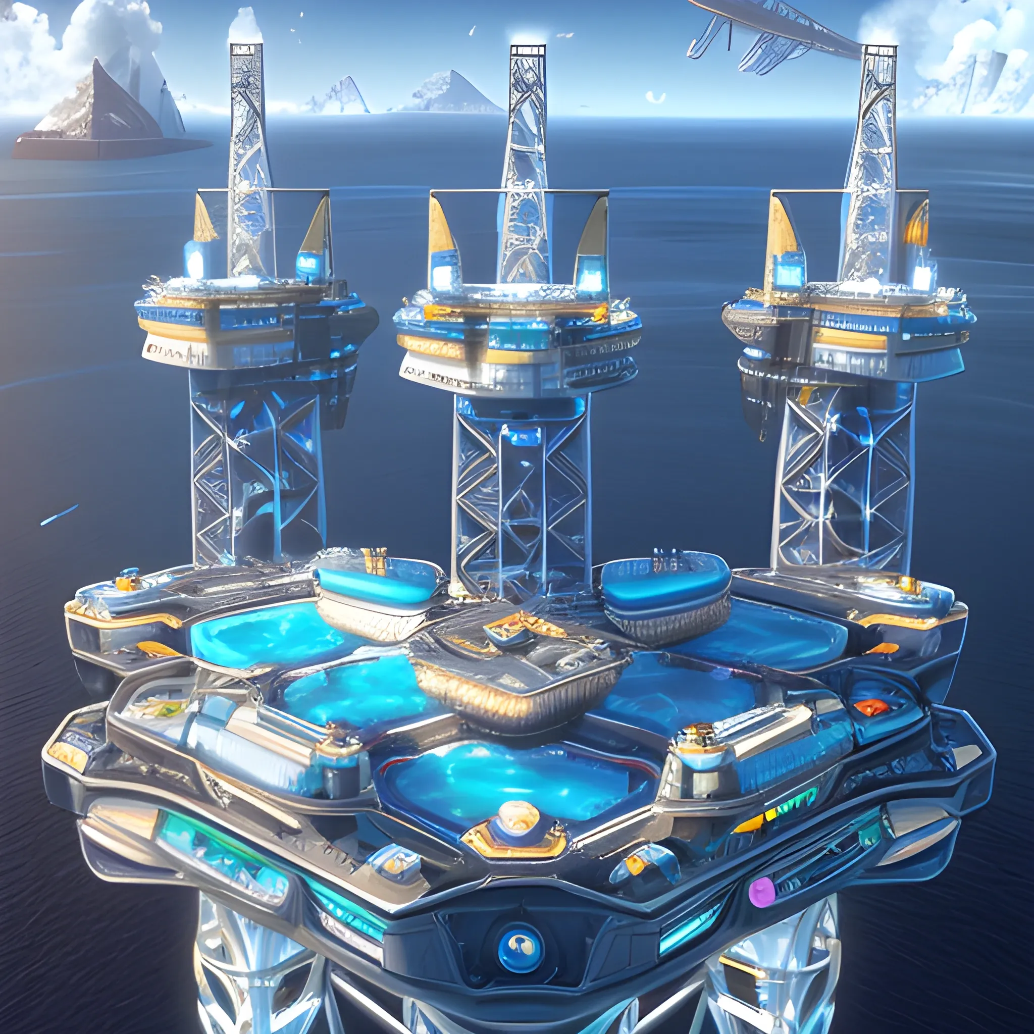 anno 2205 style, temperate, sunny, clear sky, top-down view, futuristic, beautiful, Realistic proportions, rim light

futuristic building offshore oil production platform on water in ocean, made of metal black structures, people







