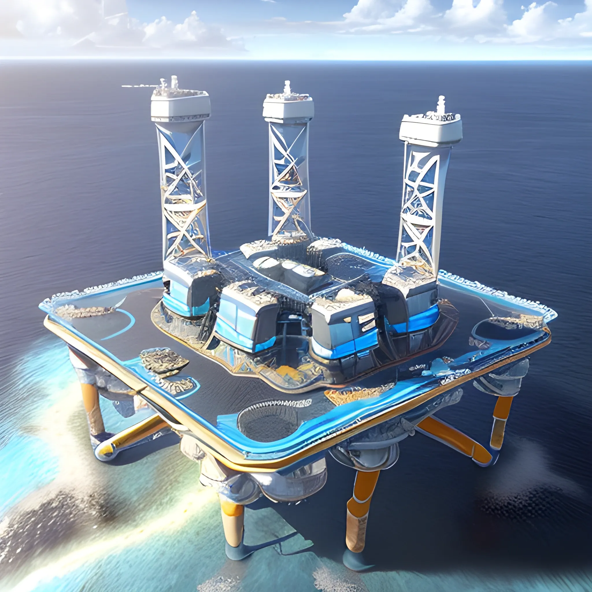 anno 2205 style, temperate, sunny, clear sky, top-down view, futuristic, beautiful, Realistic proportions, rim light

futuristic building offshore oil production platform on water in ocean, made of metal black structures, people







