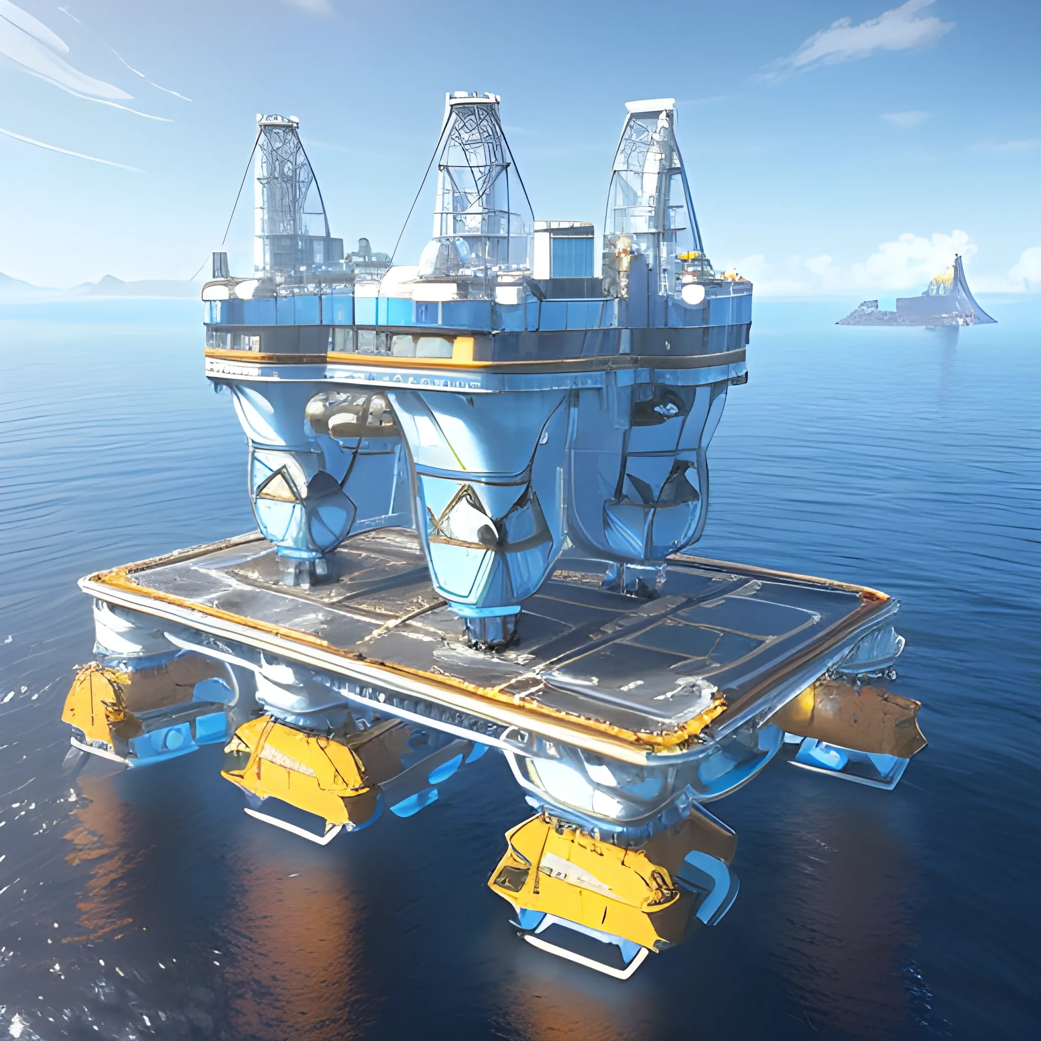 anno 2205 style, temperate, sunny, clear sky, top-down view, futuristic, beautiful, Realistic proportions, rim light

futuristic building offshore oil production platform on water in ocean, made of metal black structures, people







