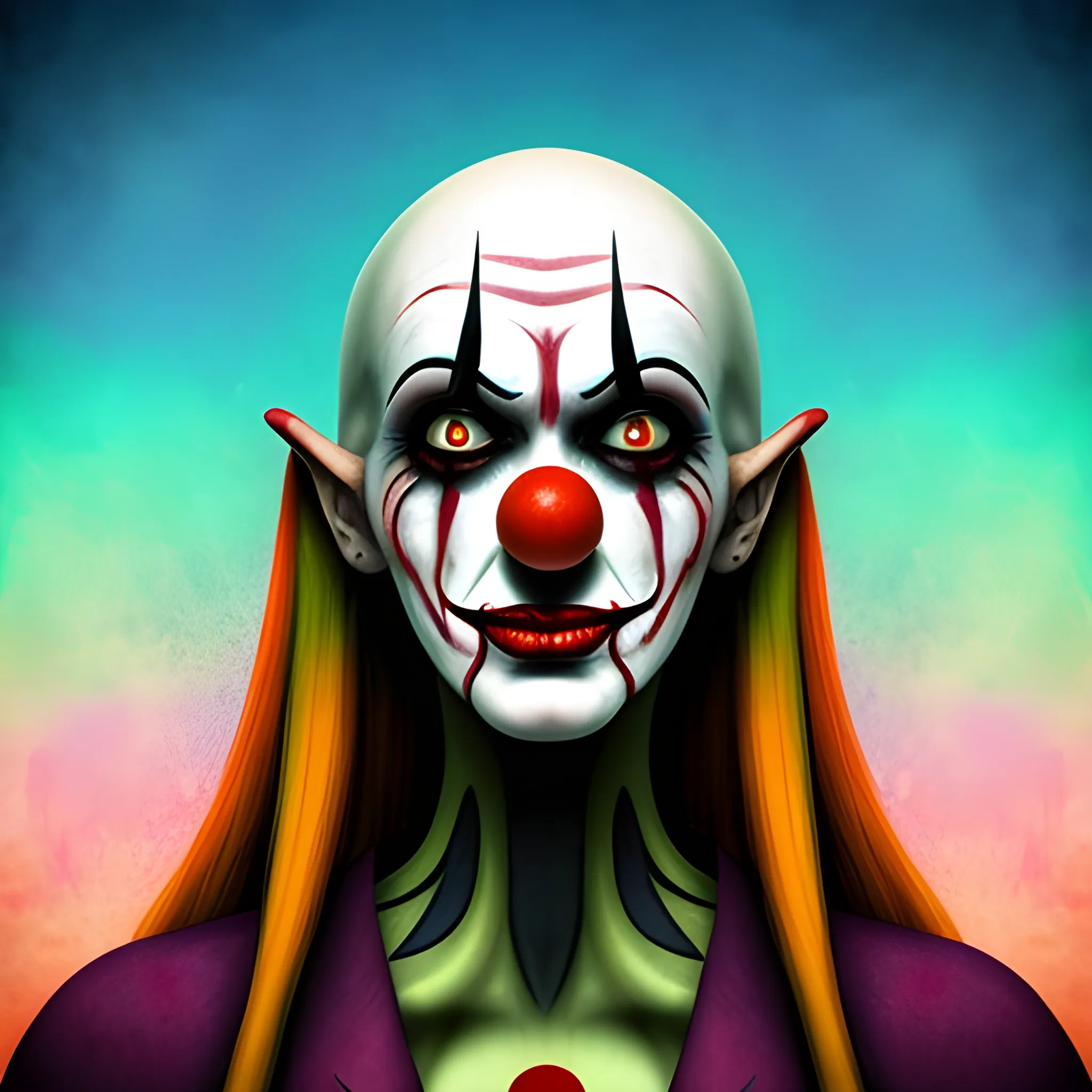 clown, female, scary, tall, pretty, long hair, no bald spots, young, bangs, bloody, Cartoon, Trippy