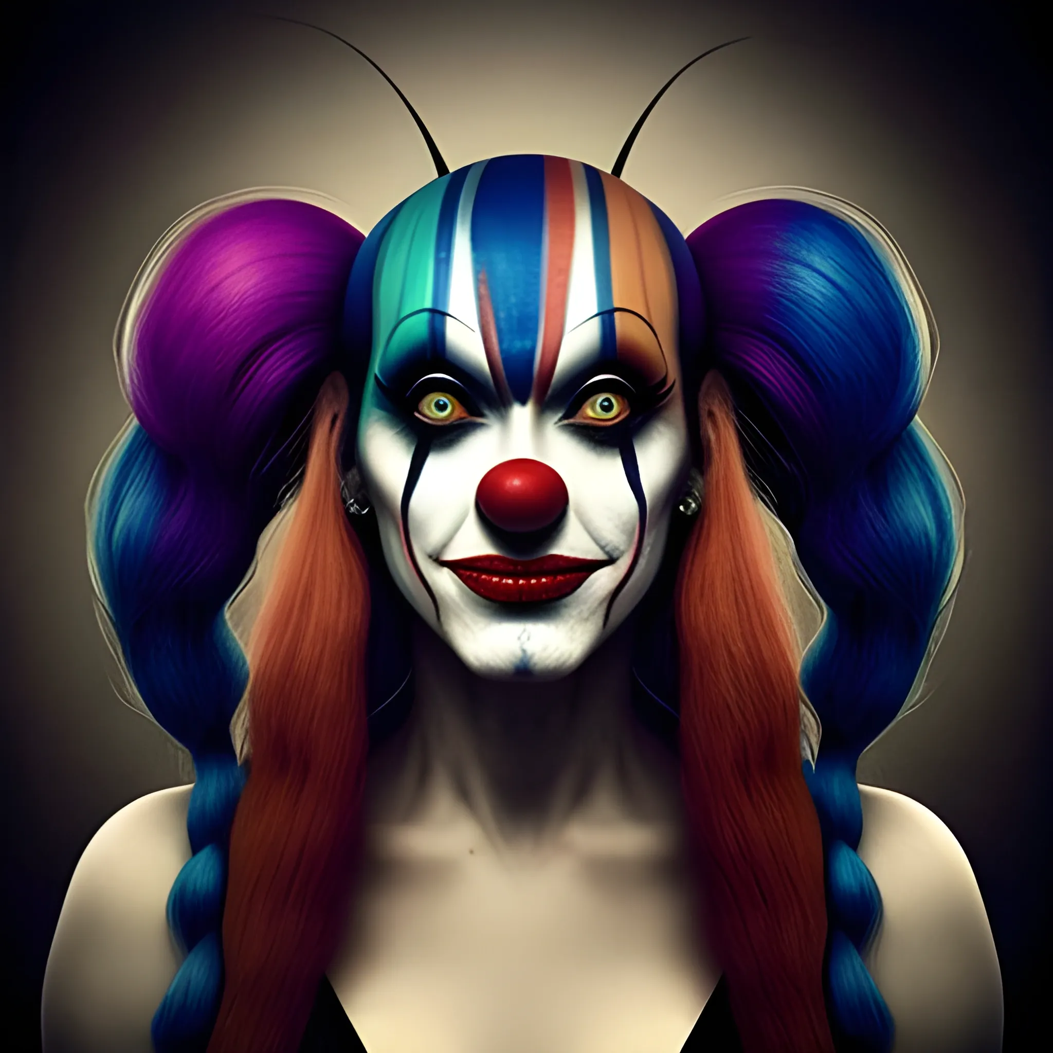 clown, female, scary, long hair, no bald spots, young, bangs, bloody, Trippy