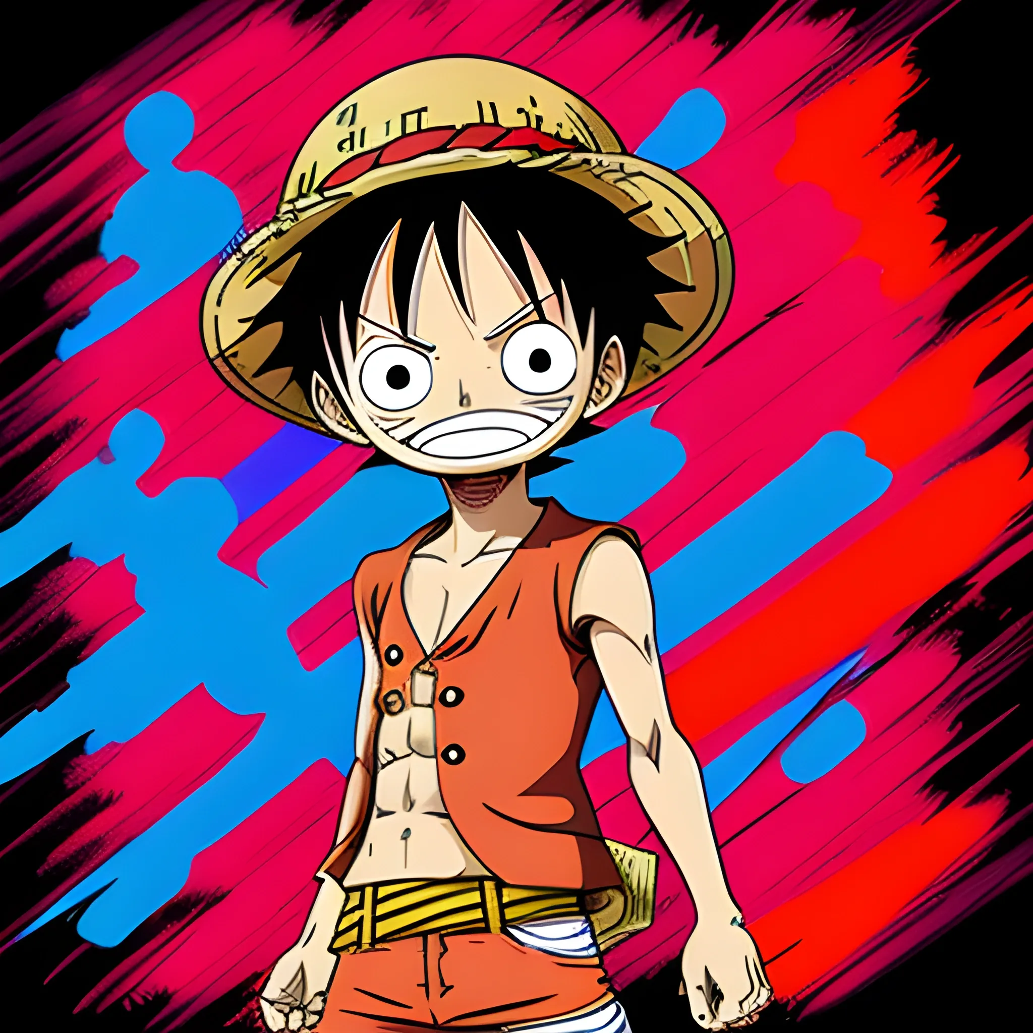 Digital art style, Luffy one piece, bright red colors, Vibrant color pallet, Anime style / Chibi, Fighting Horizon