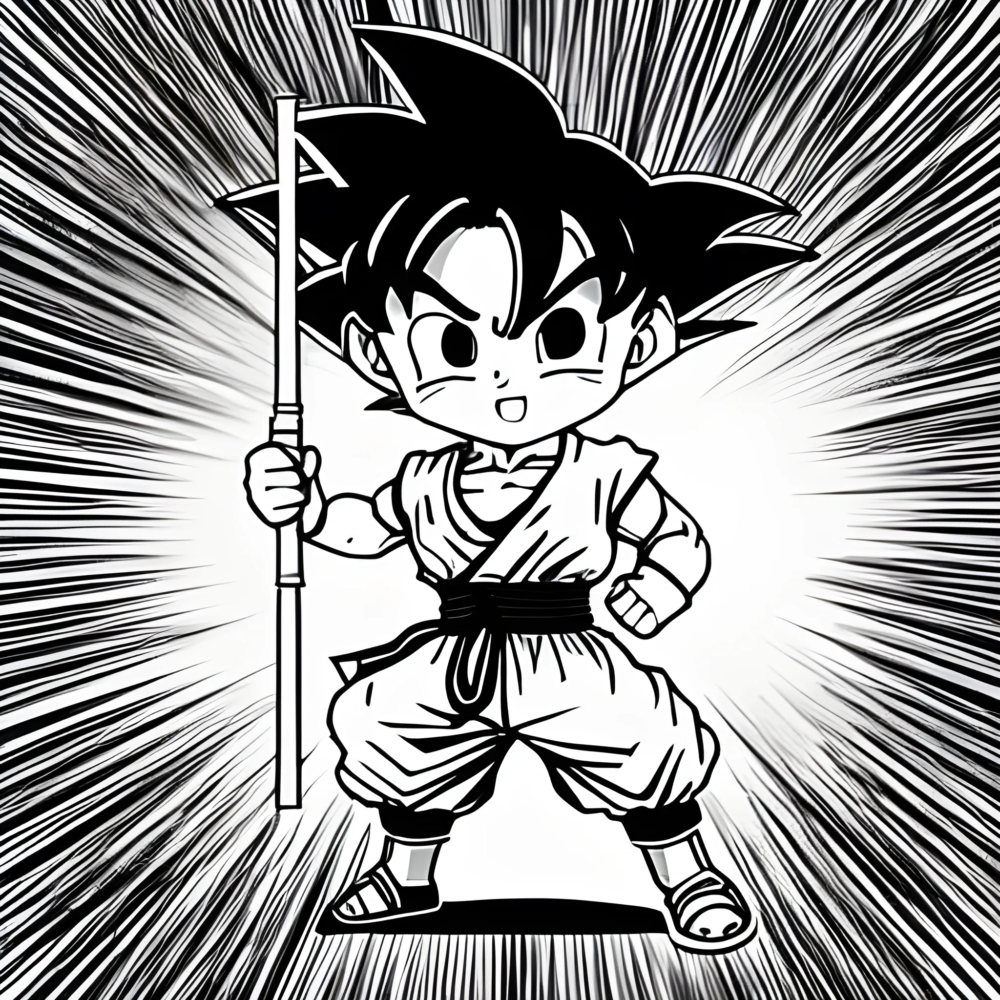 Digital art style, Simple Coloring Page Of Goku Holding Power Pole style / Chibi, Fighting Horizon