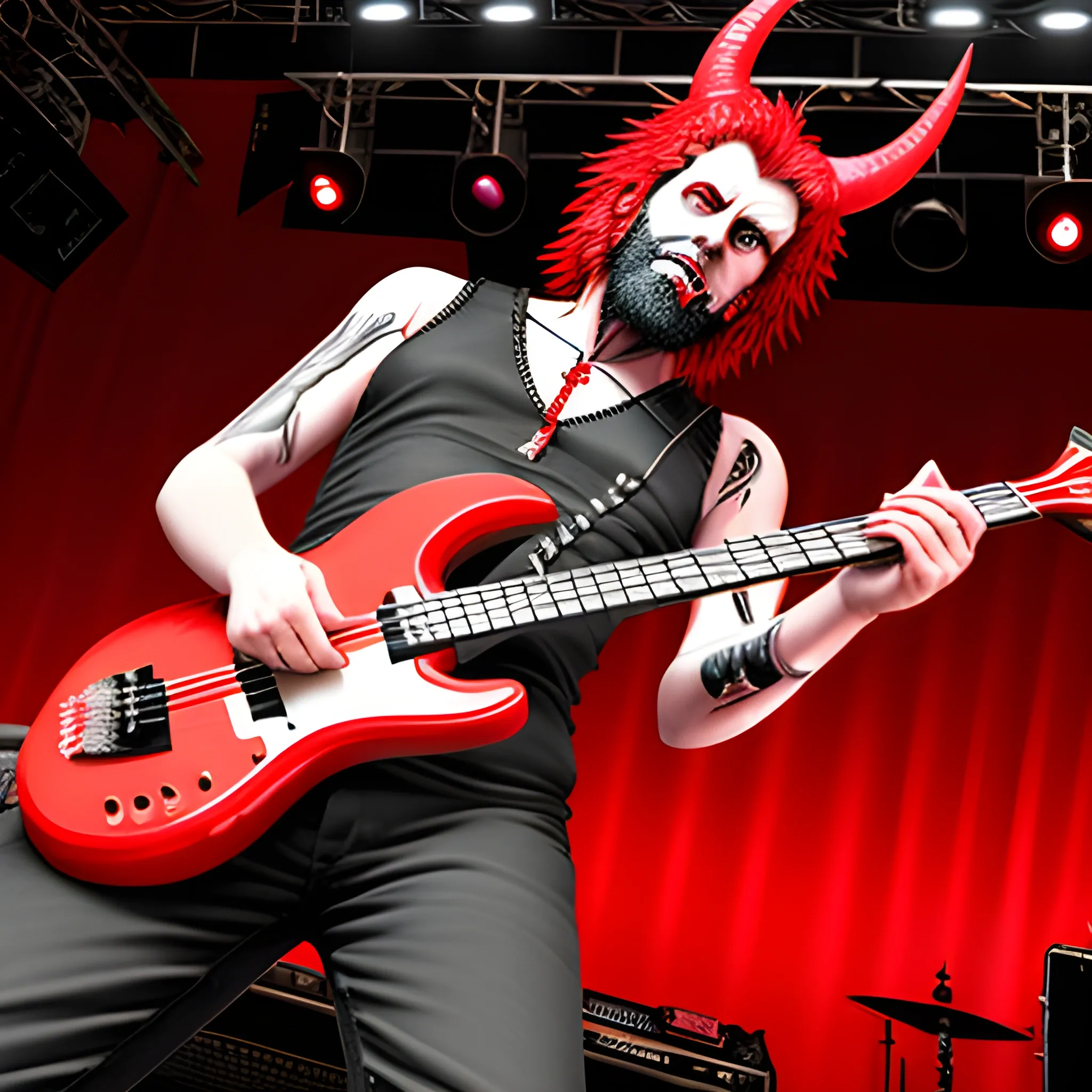 create a realistic image of the devil playing a red five-string electric bass on stage