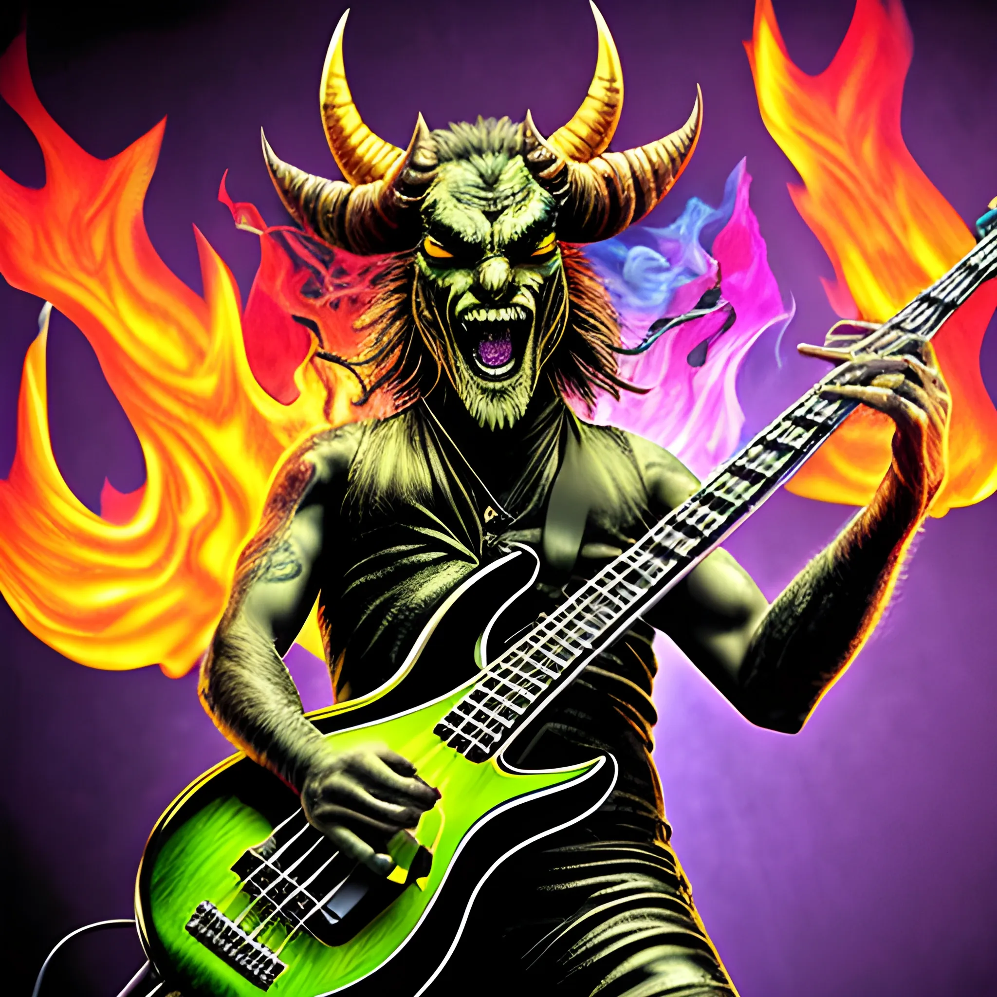 Look1, Trippy create an image from this realistic image of a devil playing a five-string electric bass on a stage with fire