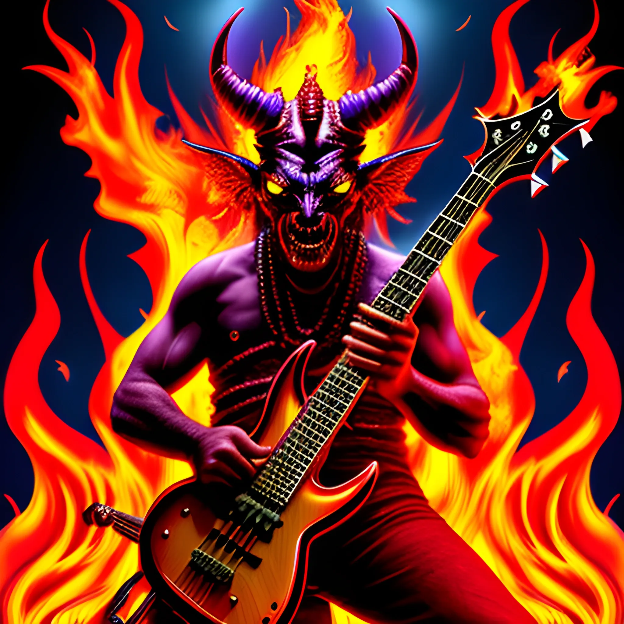 Look1, Trippy create an image from this realistic image of a devil playing a five-string electric bass on a stage with fire