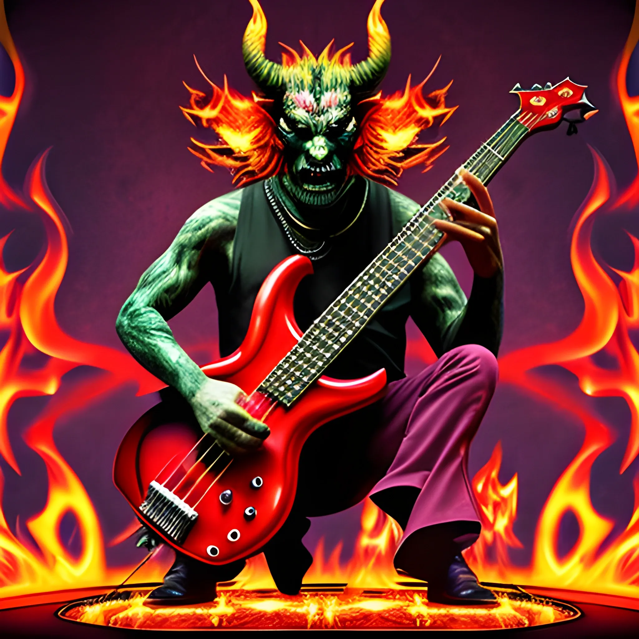 Look1, Trippy create an image from this realisticf ull-length image of a devil playing a five-string electric bass on a stage with fire