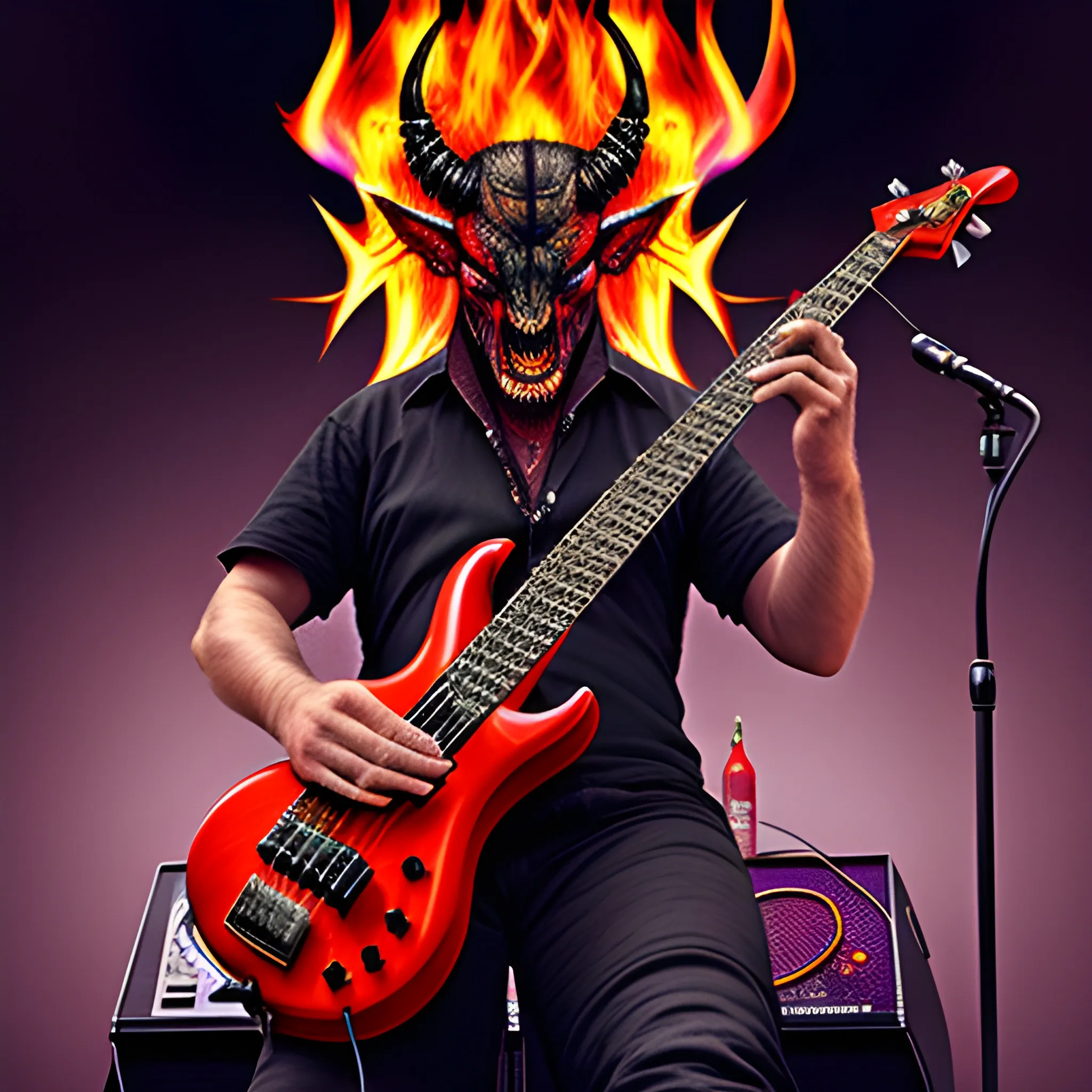 Look1, Trippy create an image from this realistic full length image of a devil playing a five-string electric bass on a stage with fire