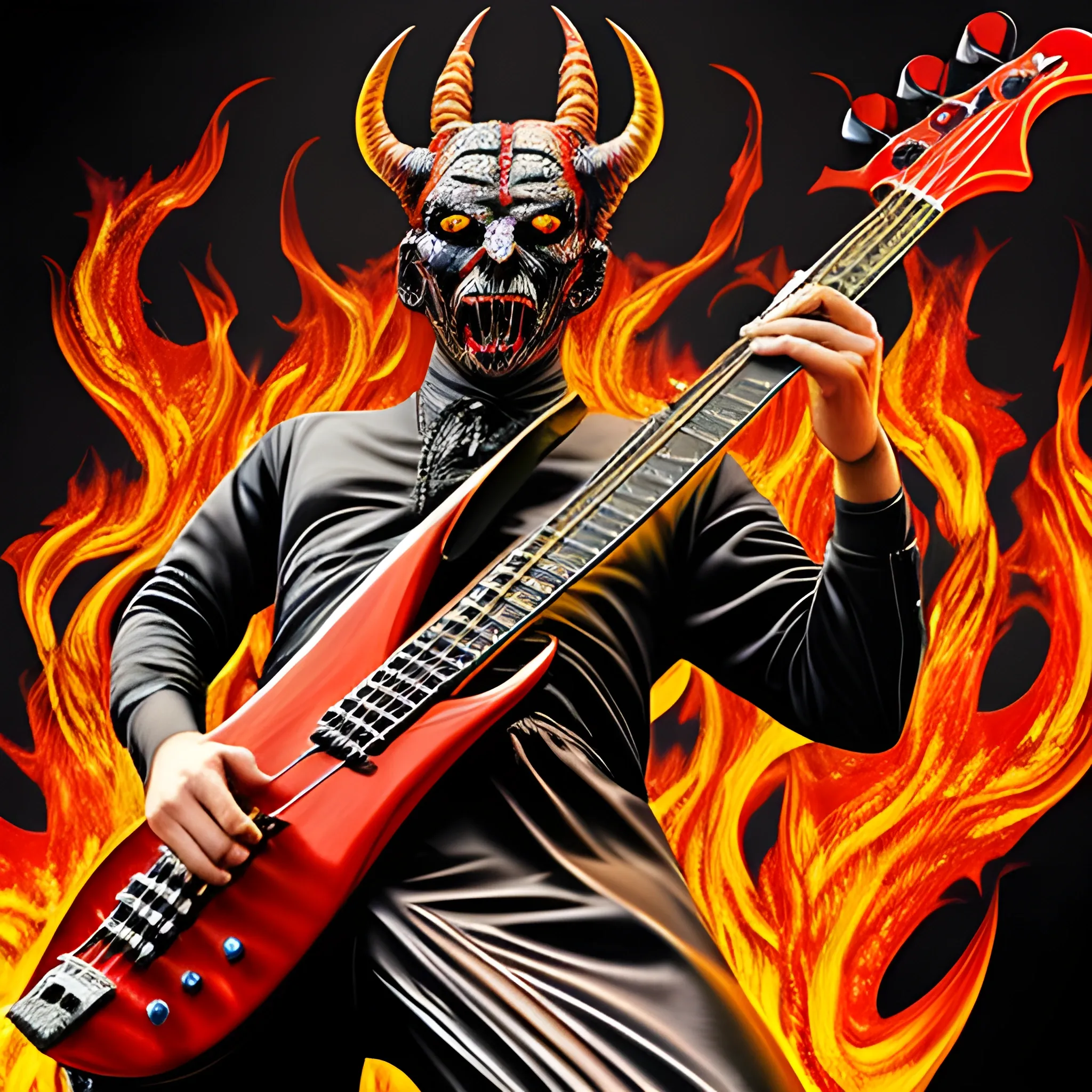 Look1, Trippy create an image from this realistic full length image of a devil playing a five-string electric bass on a stage with fire