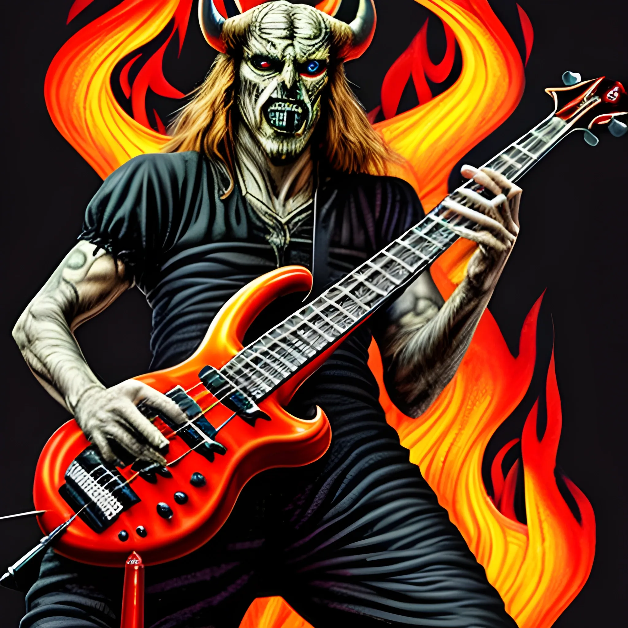 Look1, Trippy create an image from this realistic full length image of a devil playing a five-string electric bass on a stage with fire