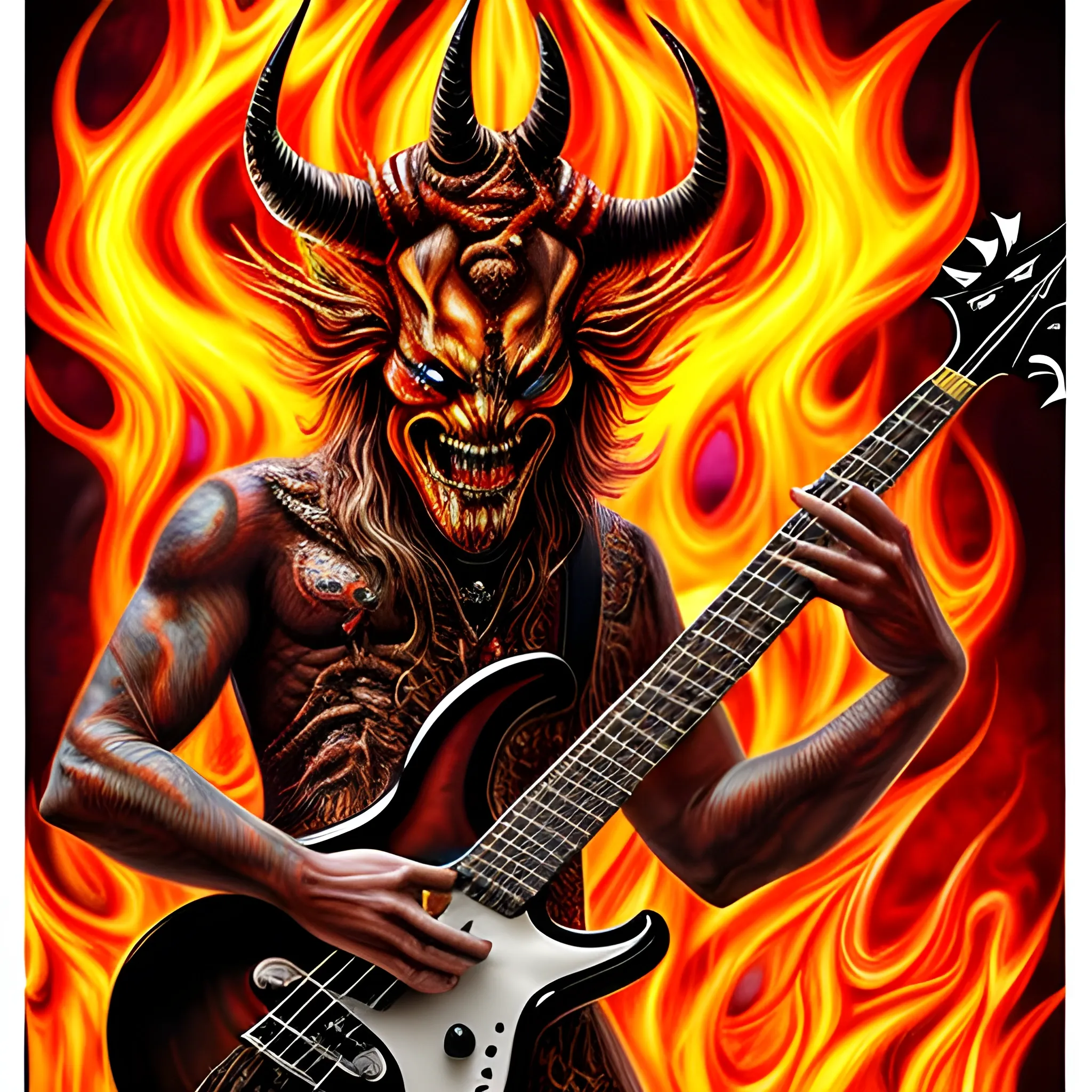 Look1, Trippy create a picture from this realistic full length image of the devil playing a five string electric bass on a stage with fire