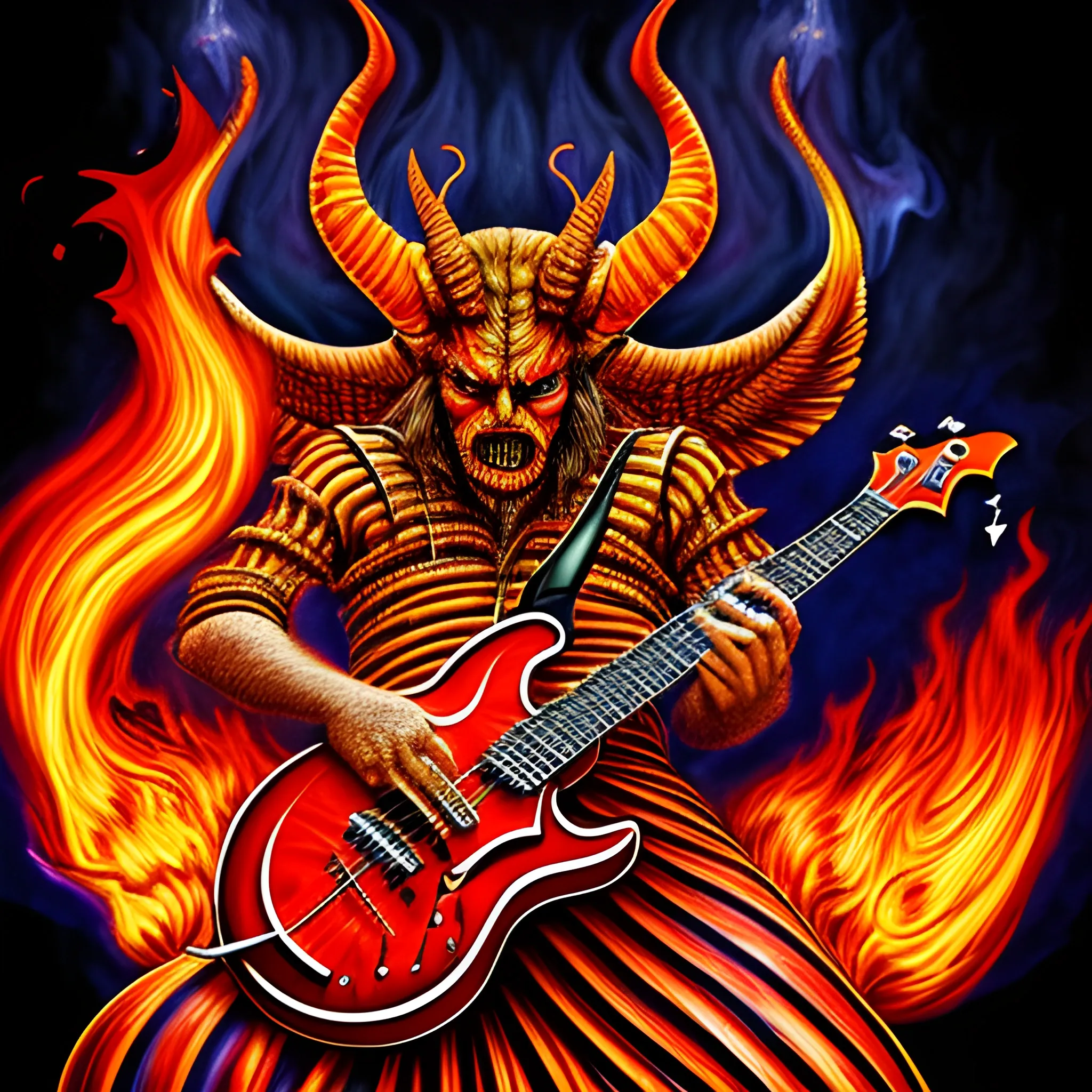 Look1, Trippy create a picture from this realistic full length image of the devil playing a five string electric bass on a stage with fire