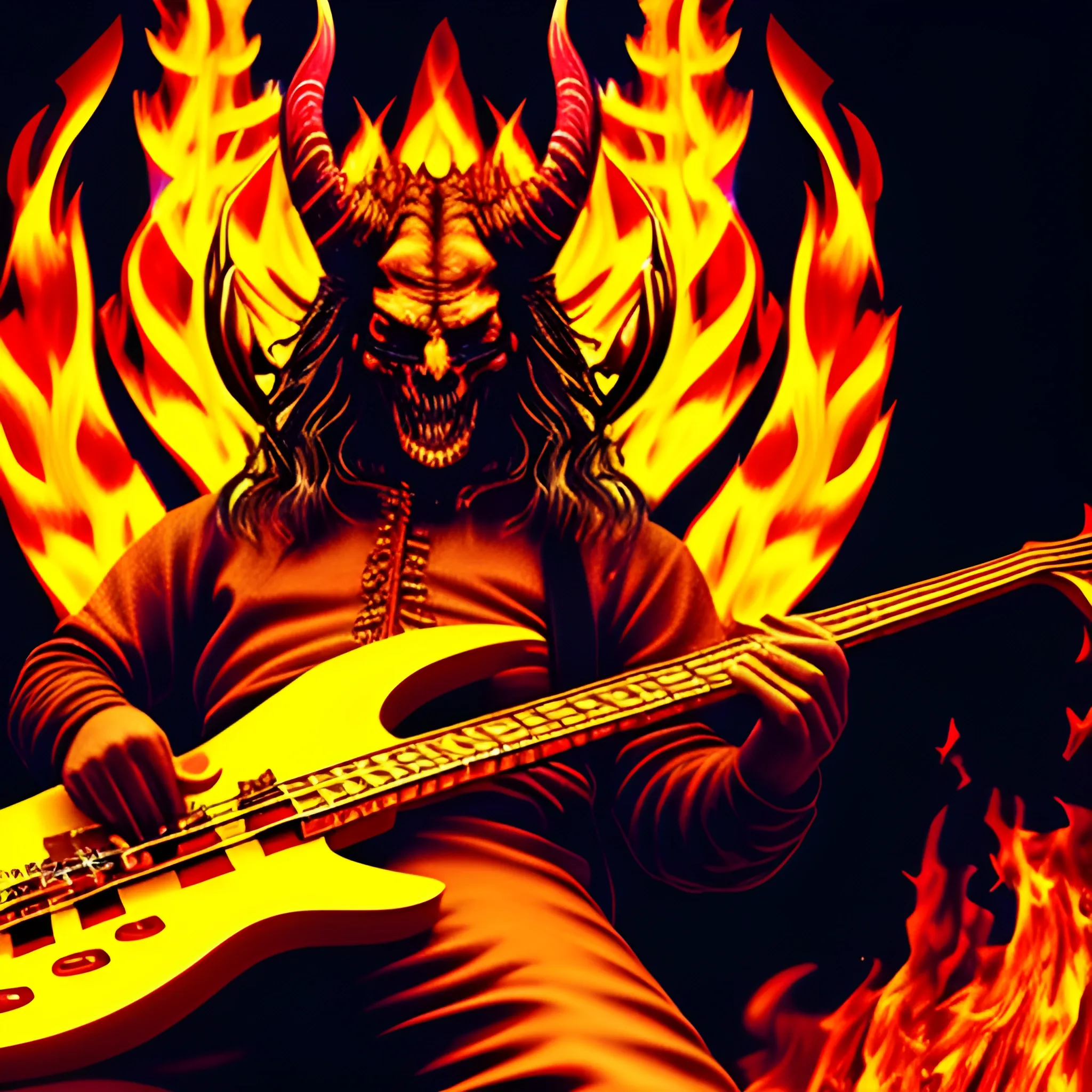 Look1, Trippy create a picture realistic full length image of the devil playing a five string electric bass on a stage with fire