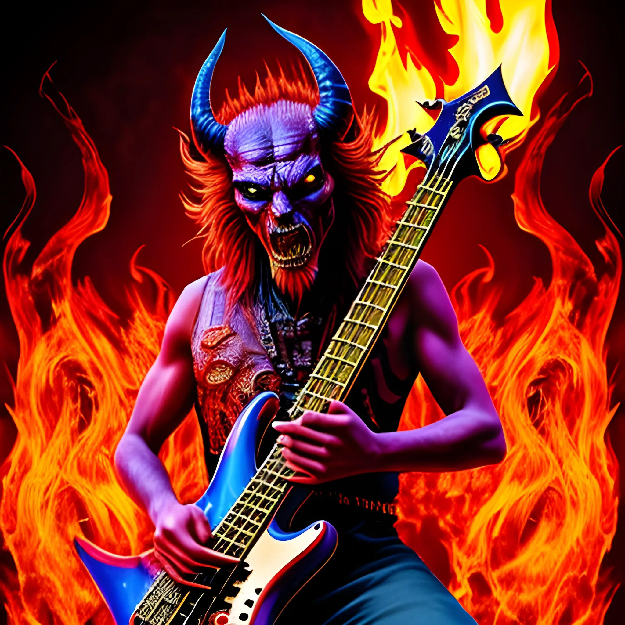 Look1, Trippy create a picture realistic full length image of the devil playing a five string electric bass on a stage with fire