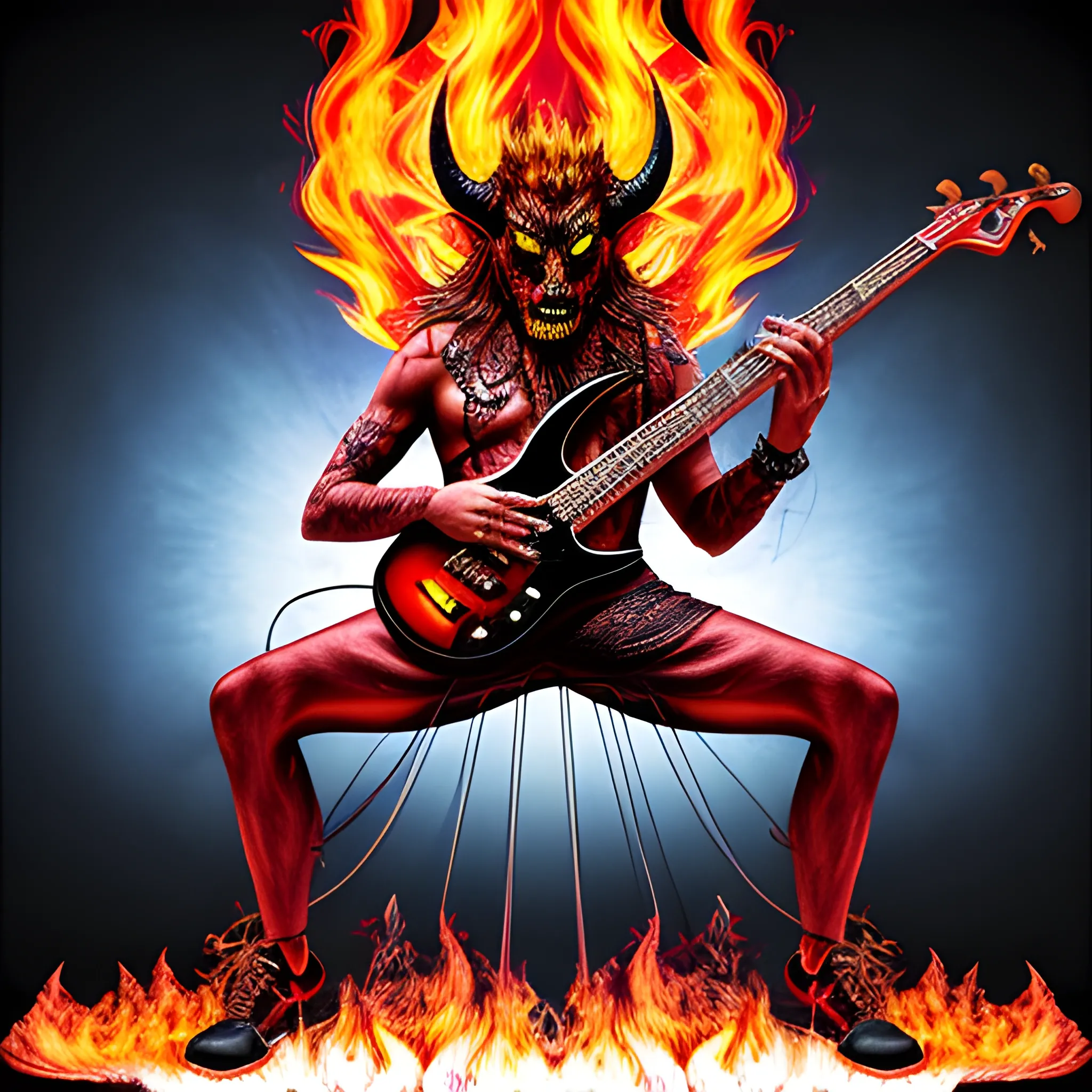 Look1, Trippy create a picture realistic full length image of the devil playing a five string electric bass on a stage with fire