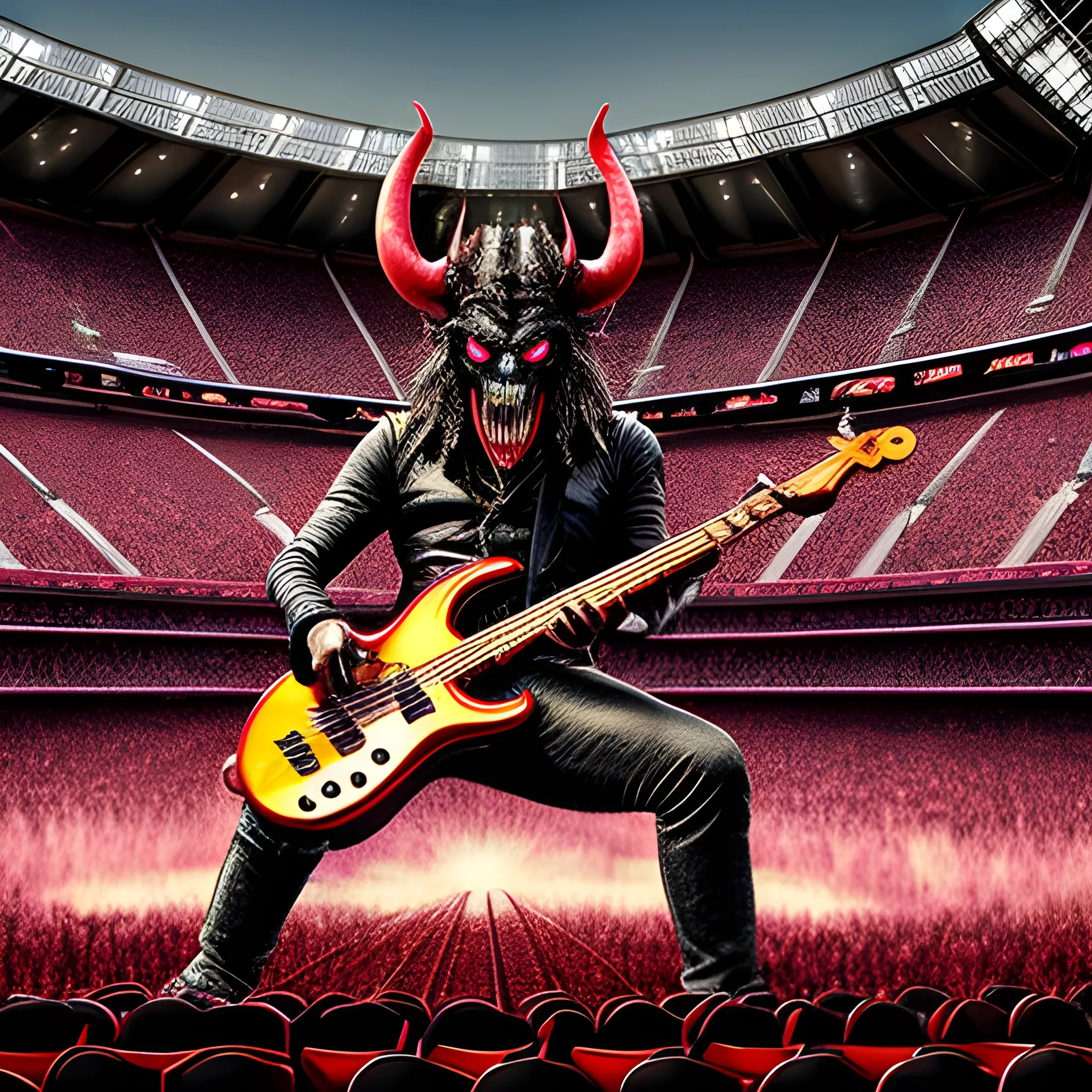 Trippy, create a realistic image of the devil playing a five-string electric bass on a stadium stage in front of many people