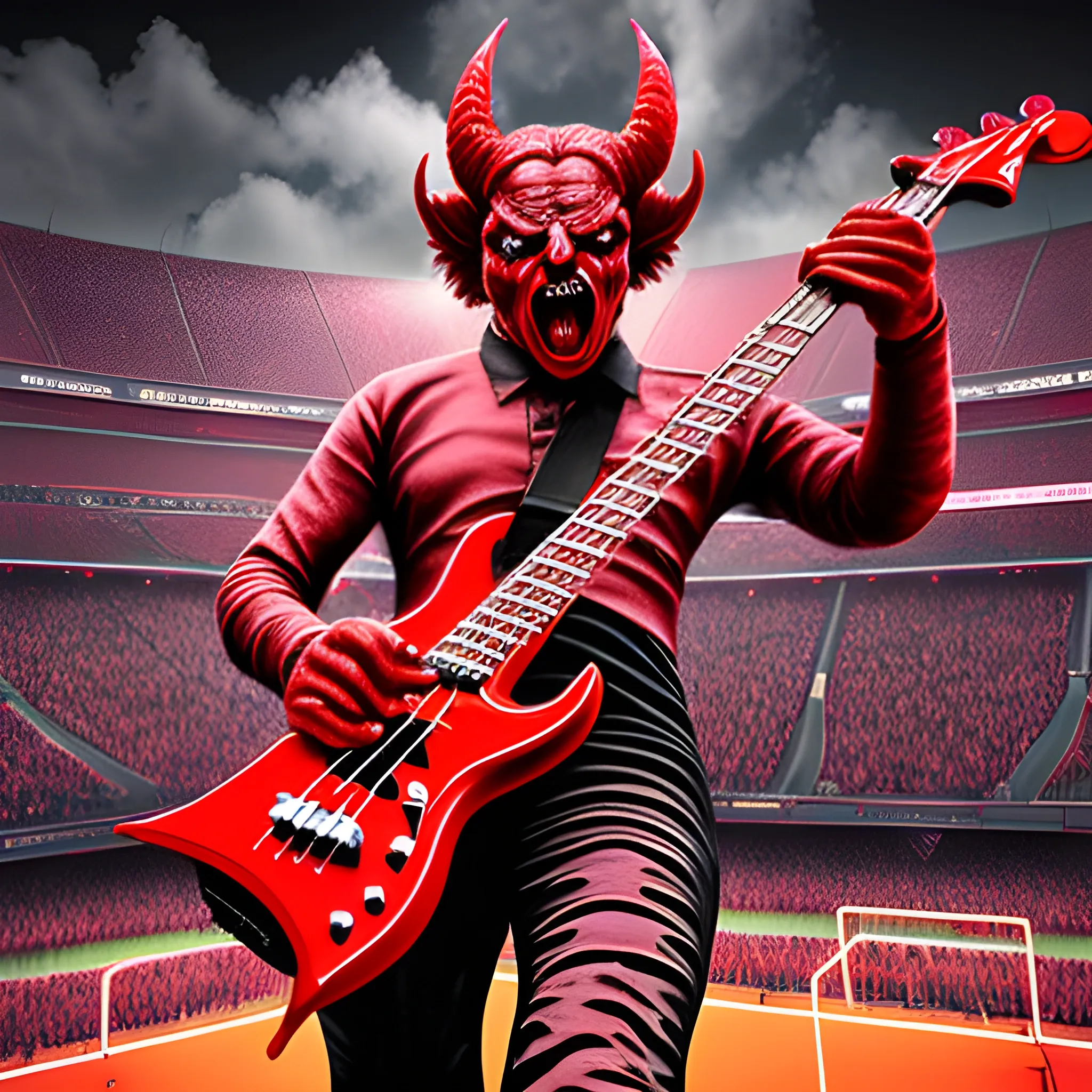 Trippy, create a realistic image of the devil playing a red five-string electric bass on a stadium stage in front of many people