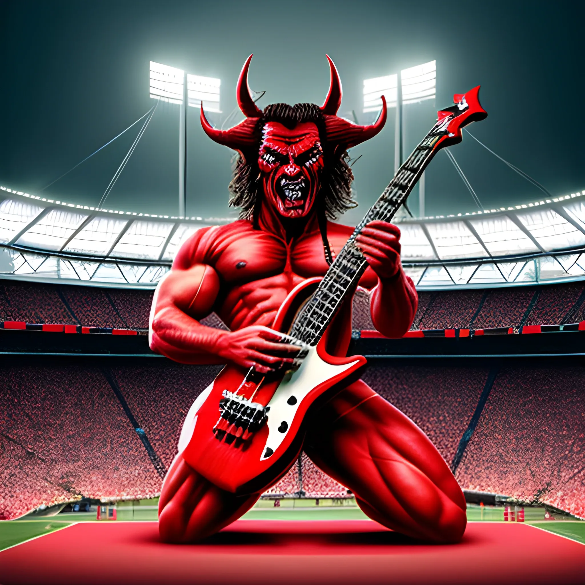 Trippy, create a realistic image of the muscular devil playing a red five-string electric bass on a stadium stage in front of a lot of people