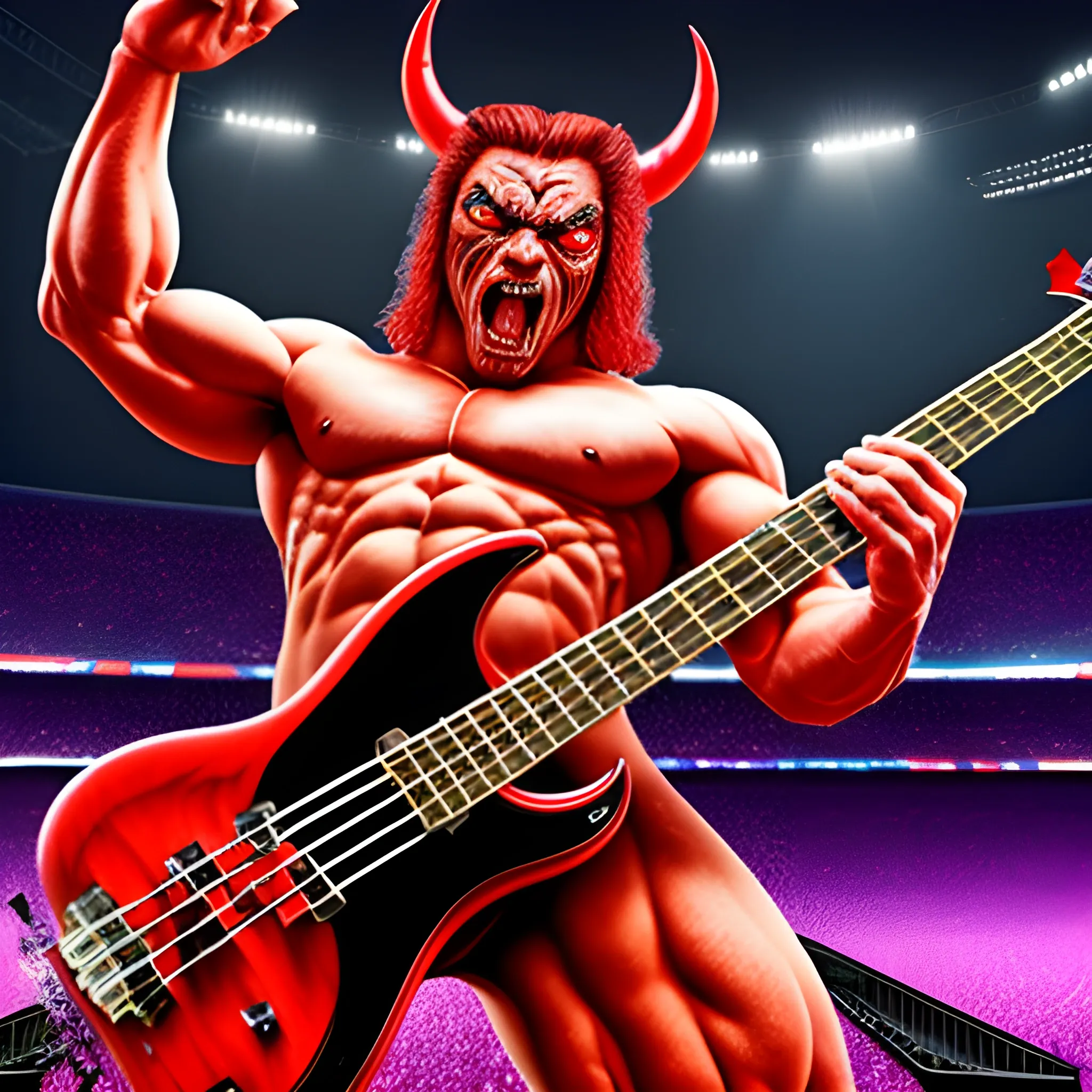 Trippy, create a realistic image of the muscular devil playing a red five-string electric bass on a stadium stage in front of a lot of people