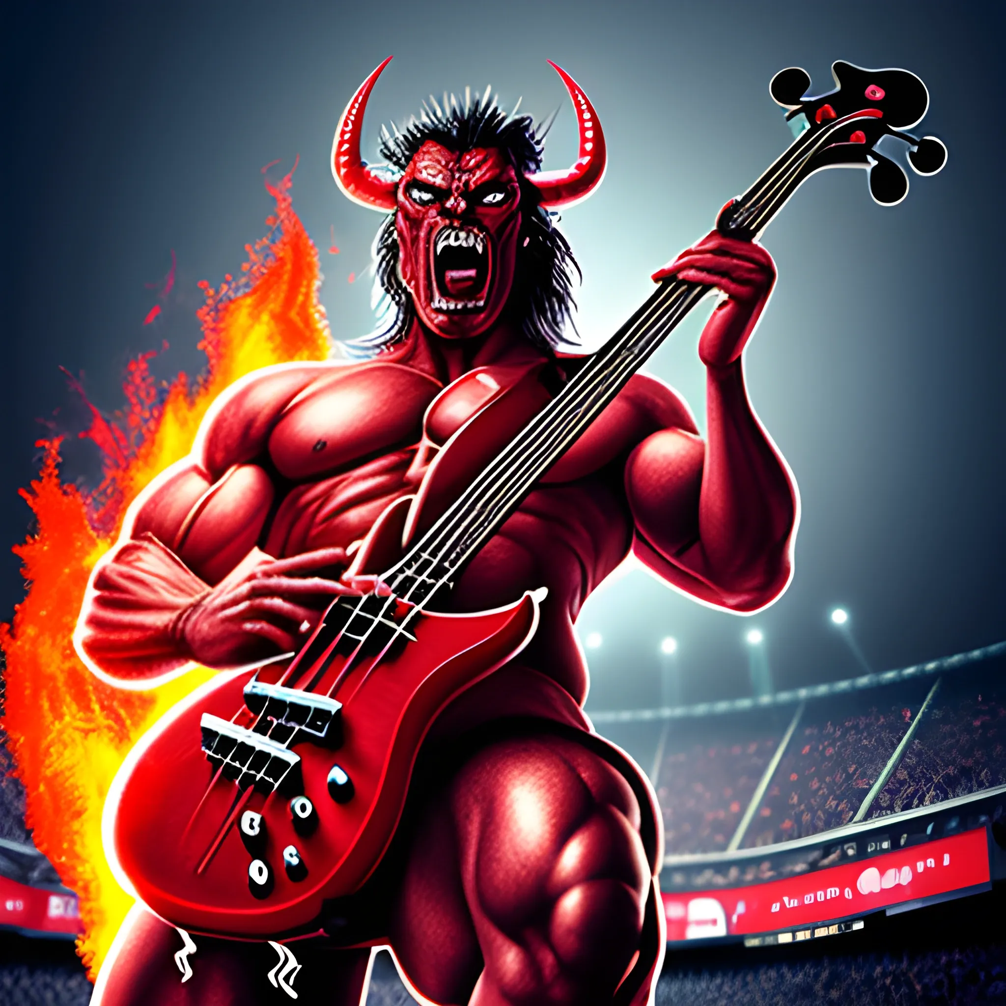 Trippy, create a realistic image of the muscular devil playing a red electric bass with five strings on a burning stadium stage in front of many people