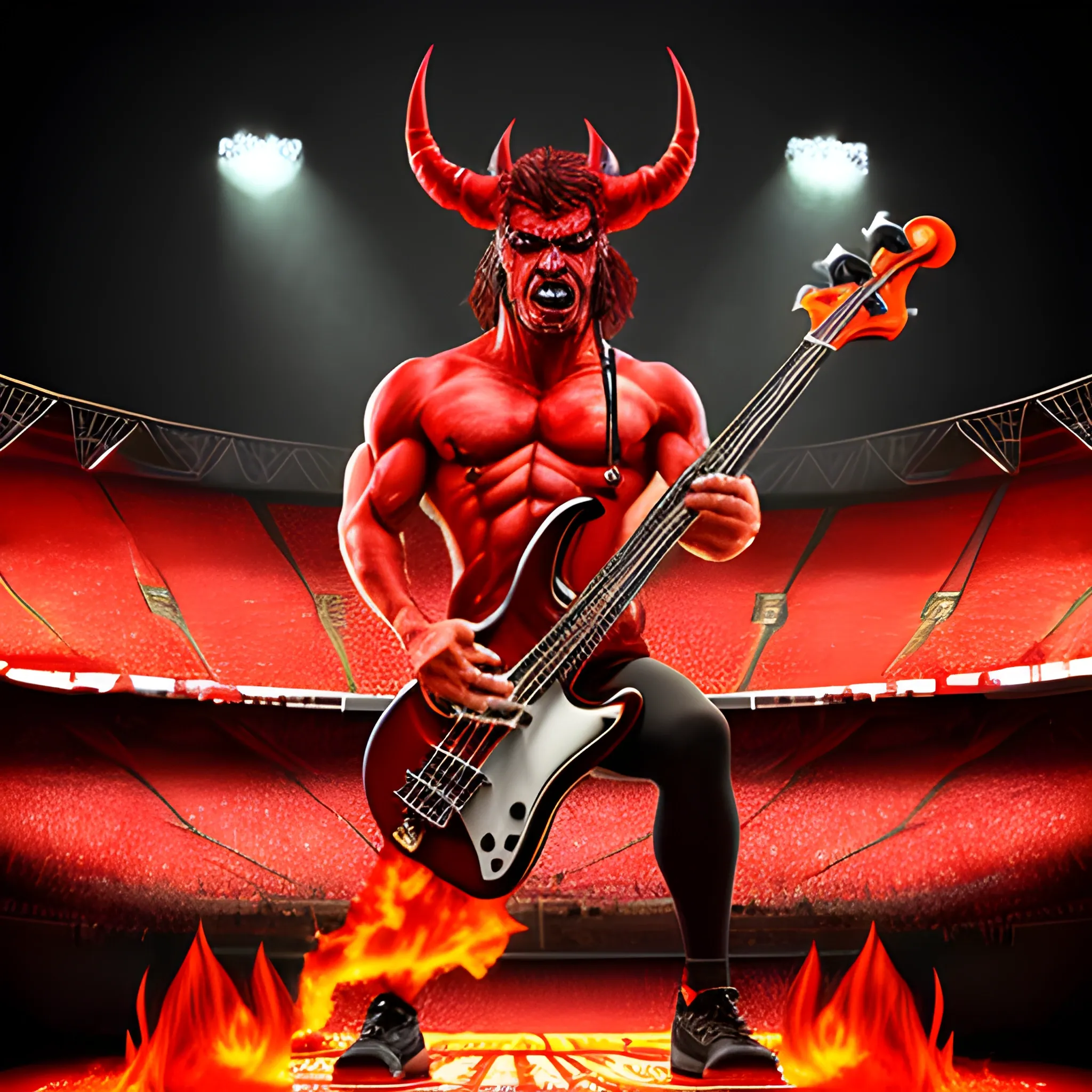 Trippy, create a realistic image of muscular devil standing playing a red electric bass with five strings on a burning stadium stage in front of many people