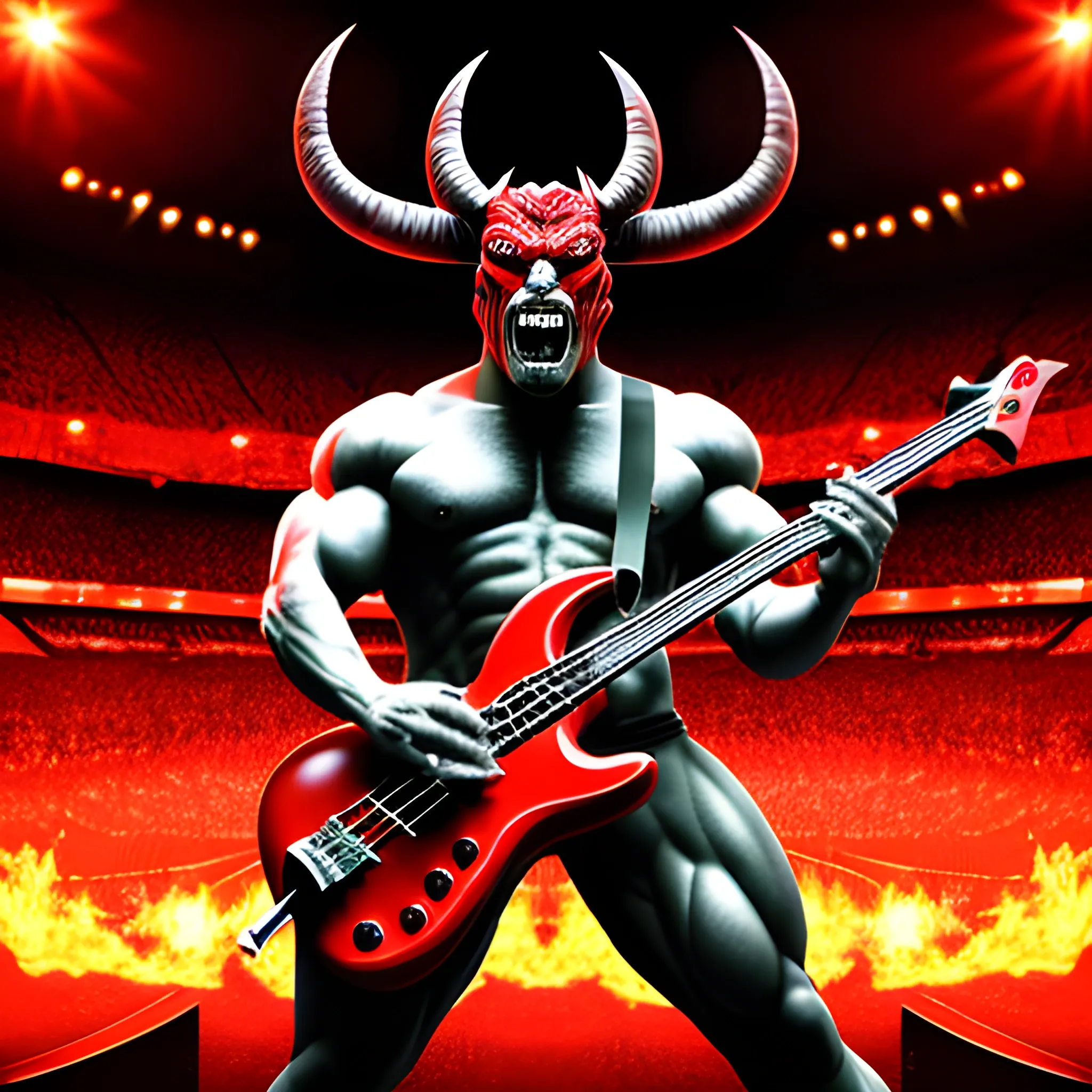 Trippy, create a realistic image of muscular devil standing playing a red electric bass with five strings on a burning stadium stage in front of many women and people