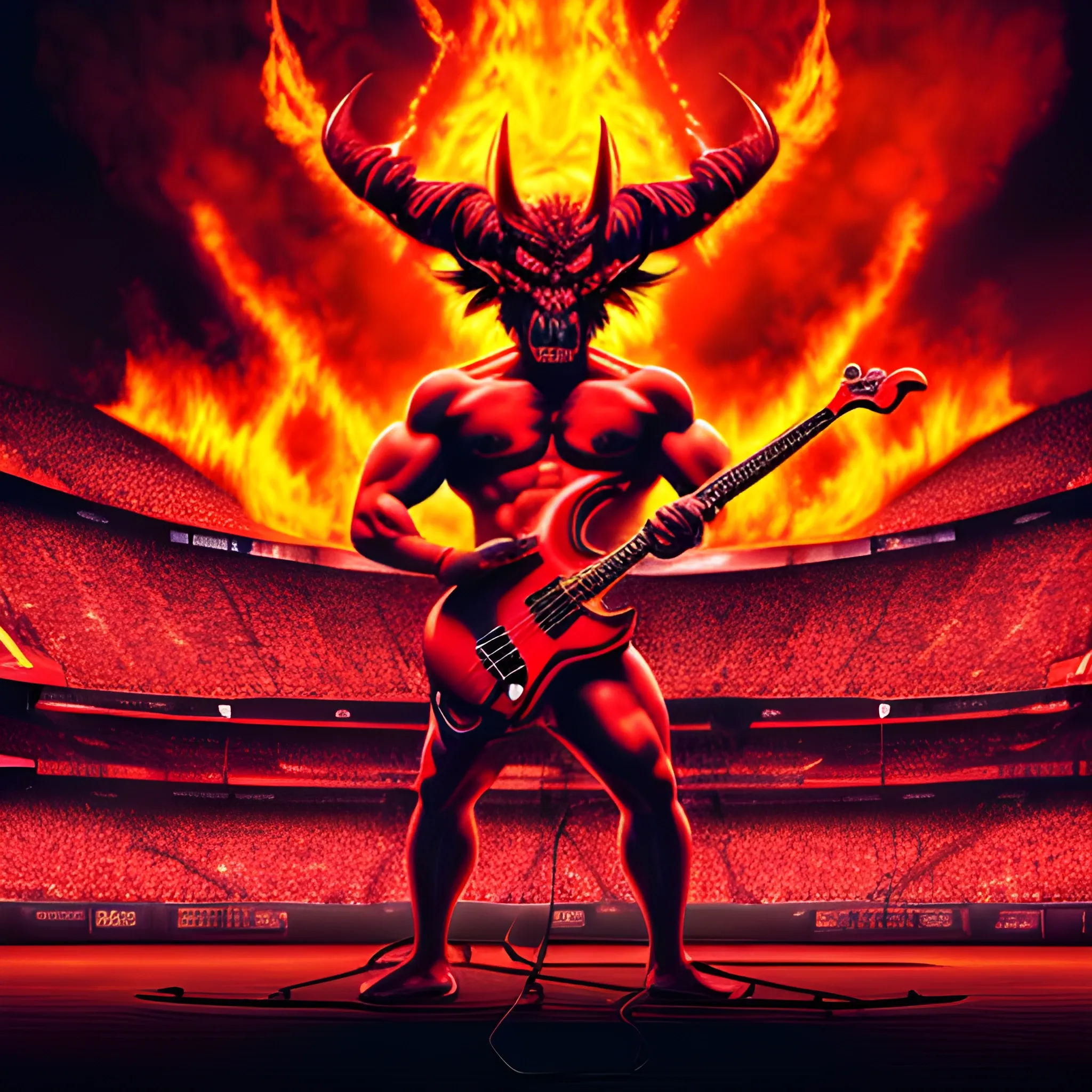 Trippy,create a realistic image of muscular devil standing playing a red electric bass with five strings on a burning stadium stage surrounded by women and in front of many people