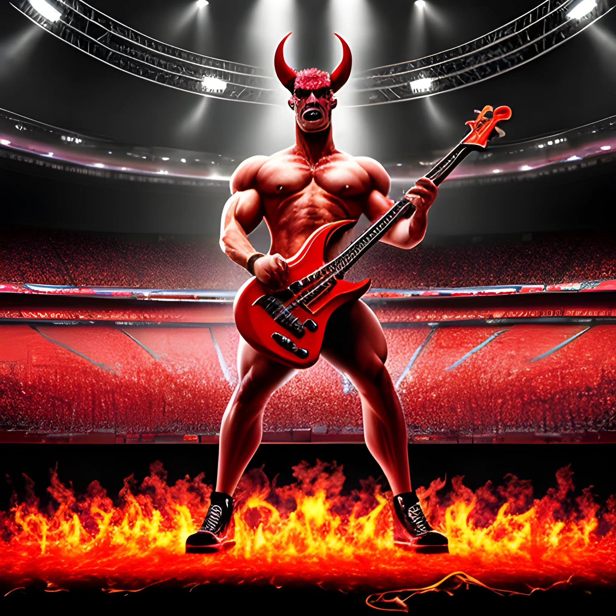 Trippy,create a realistic image of muscular devil standing playing a red electric bass with five strings on a burning stadium stage surrounded by women and in front of many people