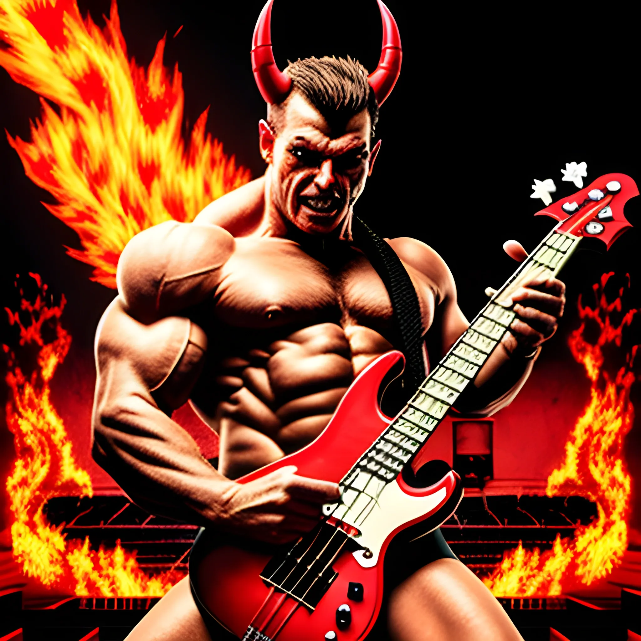 Trippy,create a realistic image of muscular devil standing playing a red color electric bass with five strings on a burning stadium stage surrounded by women