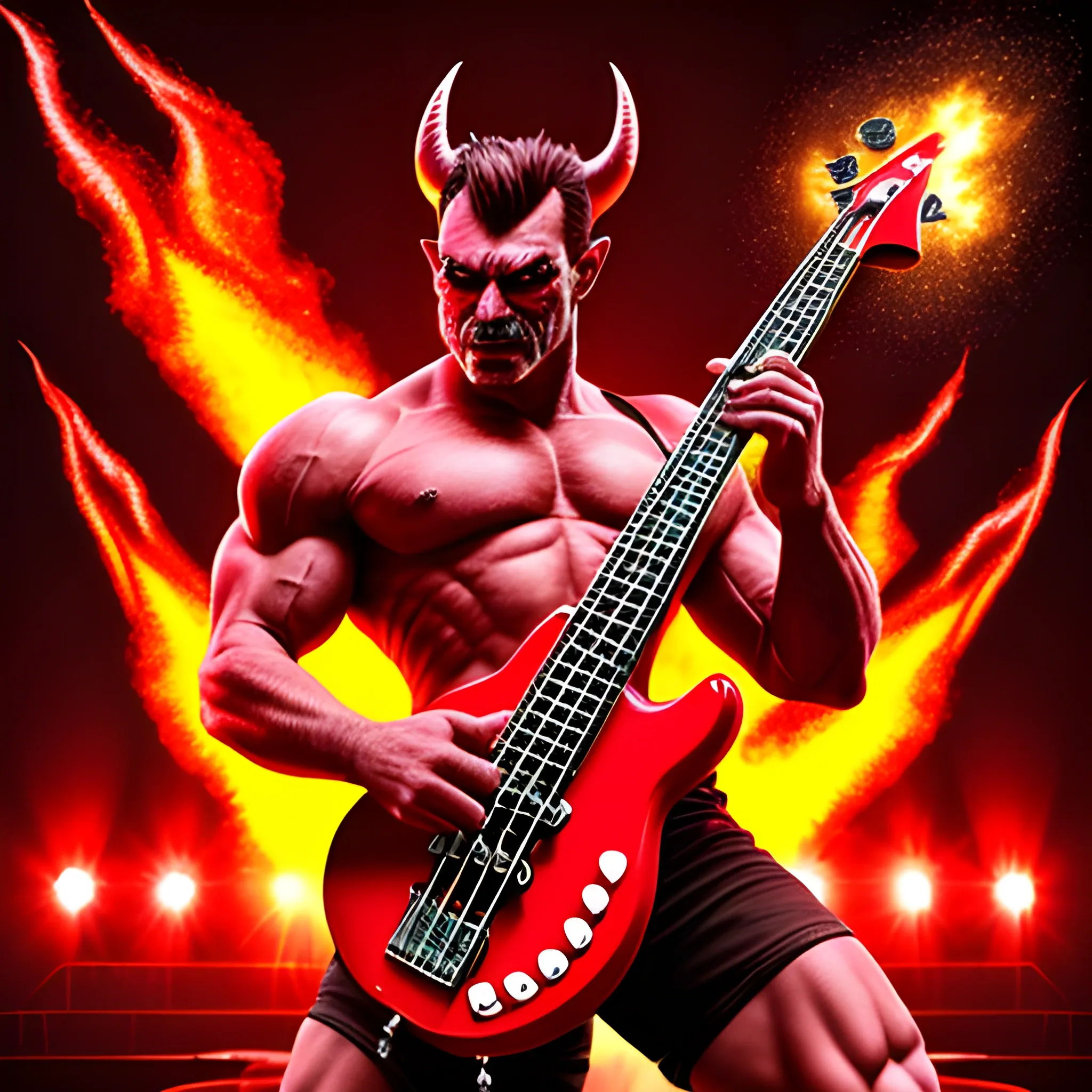 Trippy,create a realistic image of muscular devil standing playing a red color electric bass with five strings on a burning stadium stage with audience