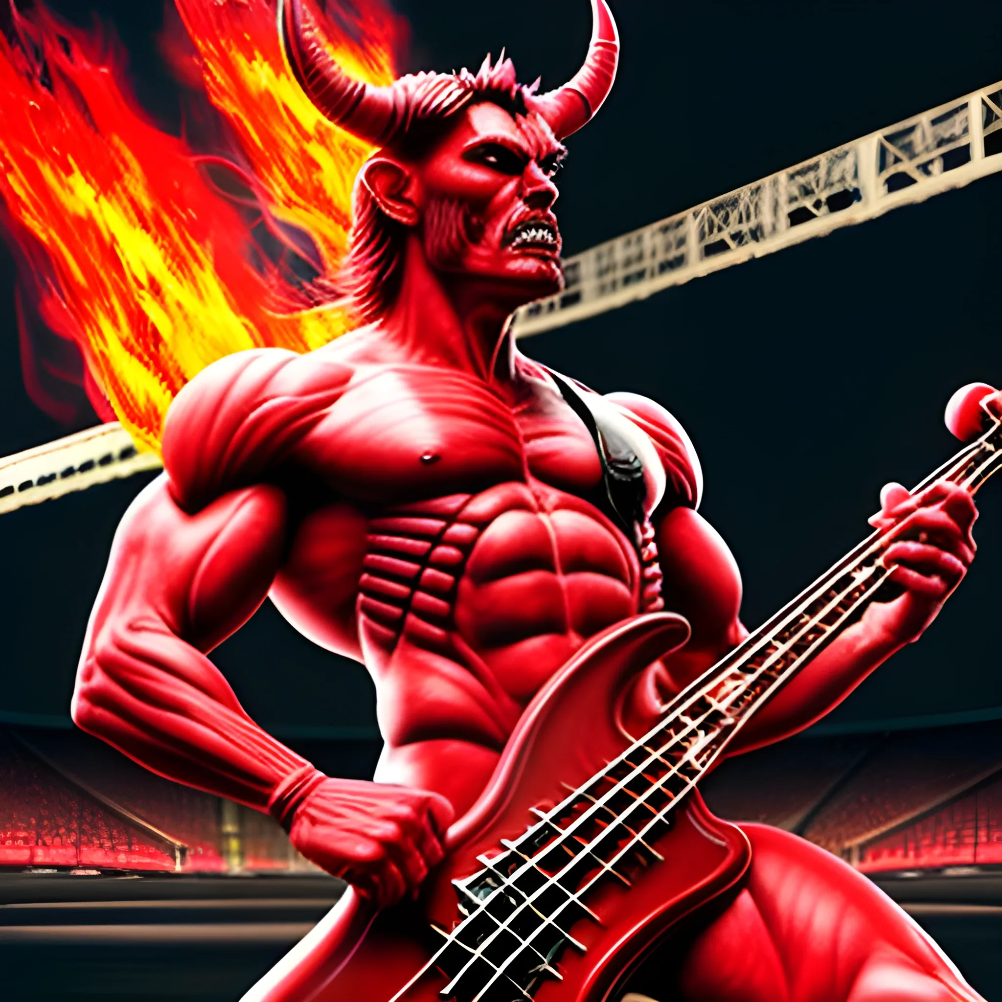 Trippy,create a realistic image of muscular devil standing playing a red color electric bass with five strings on a burning stadium stage with audience