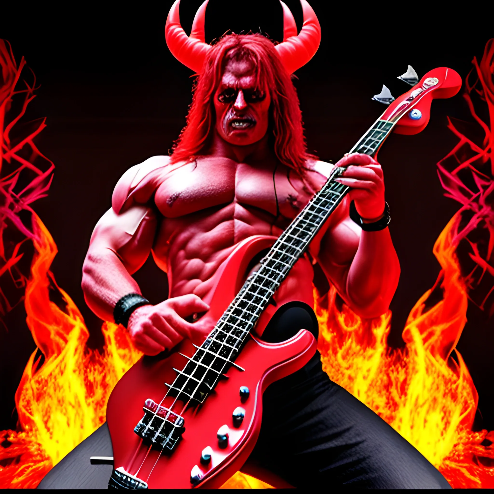 Trippy,create a realistic image of muscular devil standing playing a red color electric bass with five strings on a burning stadium stage with audience