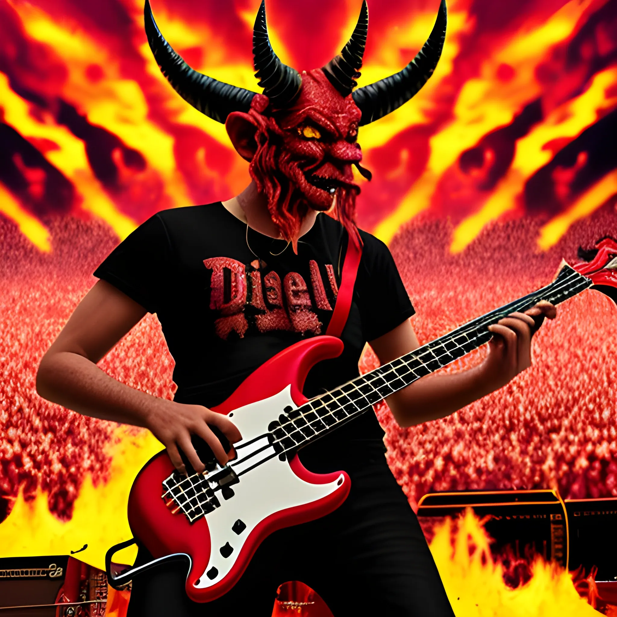 Trippycreate a realistic image of devil playing a red colored electric bass with five strings on a burning stage in a crowded stadium