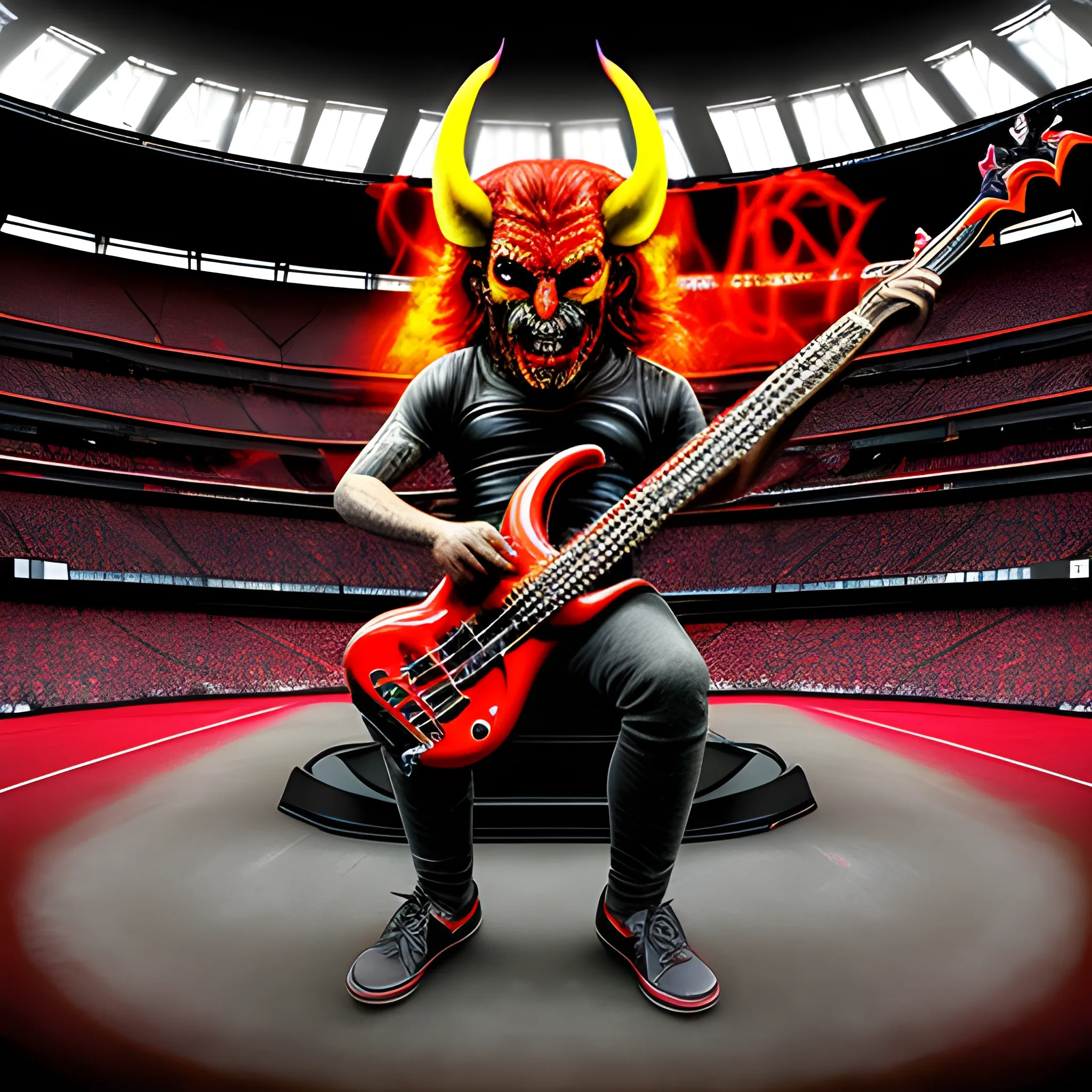 Trippy, create a realistic image of the devil playing a five-string electric bass on a stadium stage in front of many people