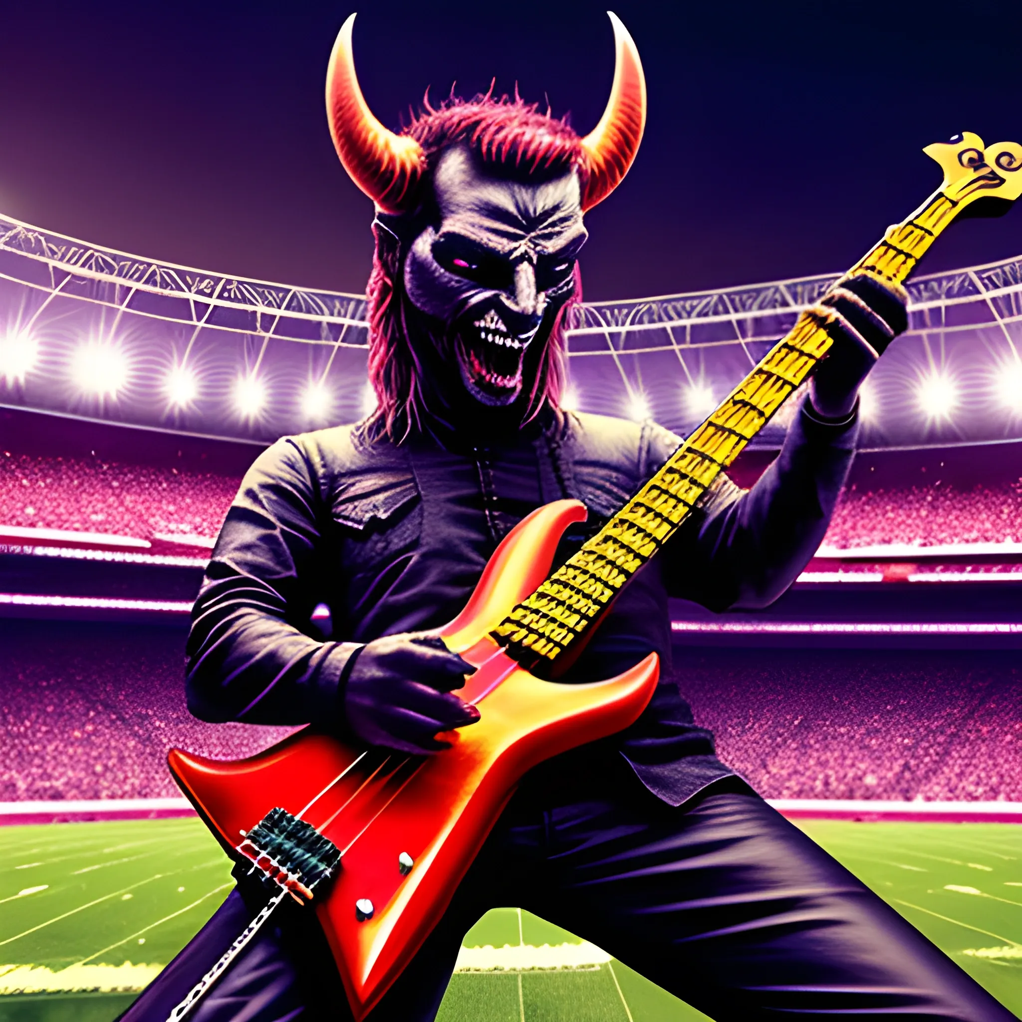 Trippy, create a realistic image of the devil playing a five-string electric bass on a stadium stage in front of many people