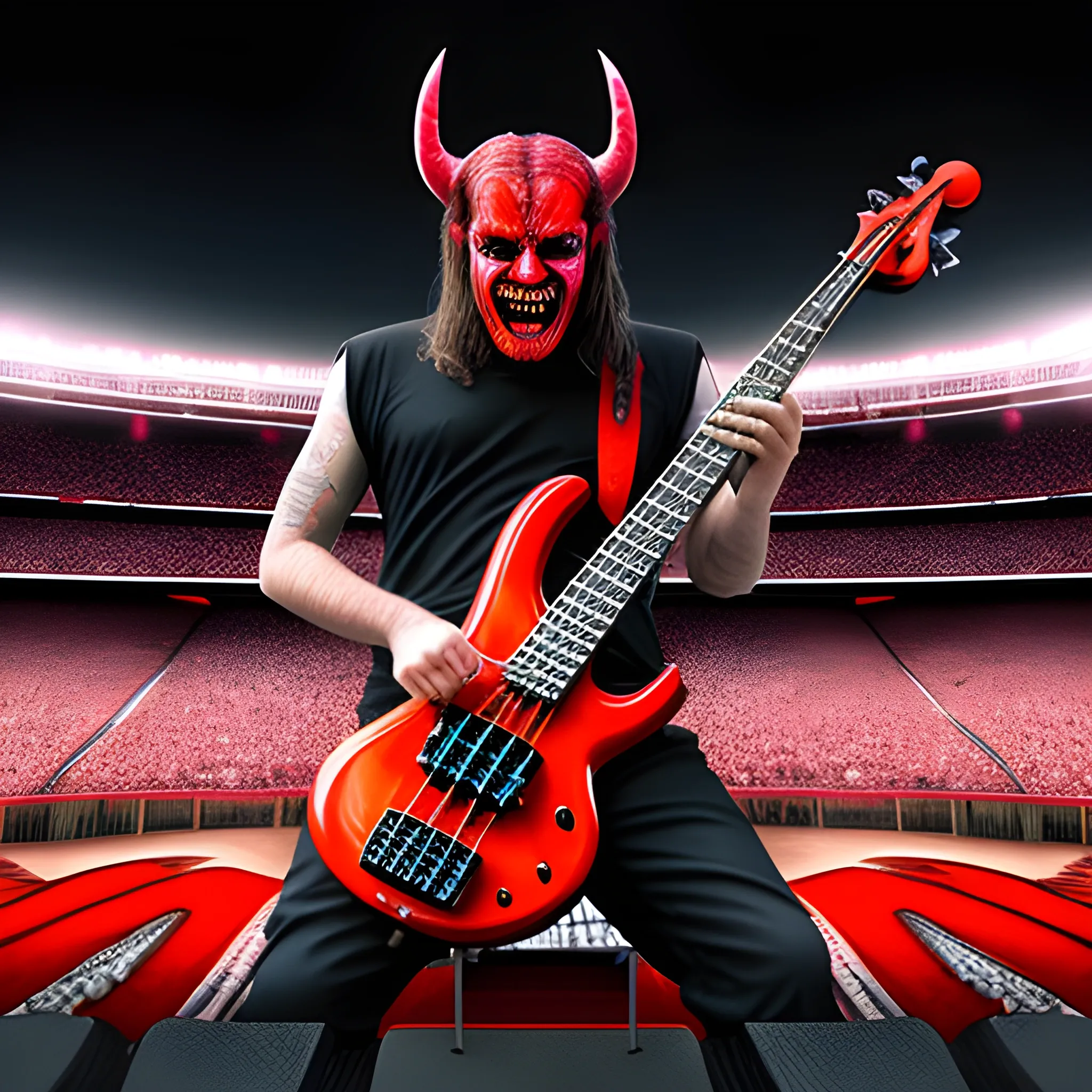 Trippy, create a realistic image of the devil playing a five-string electric bass on a stadium stage in front of many people